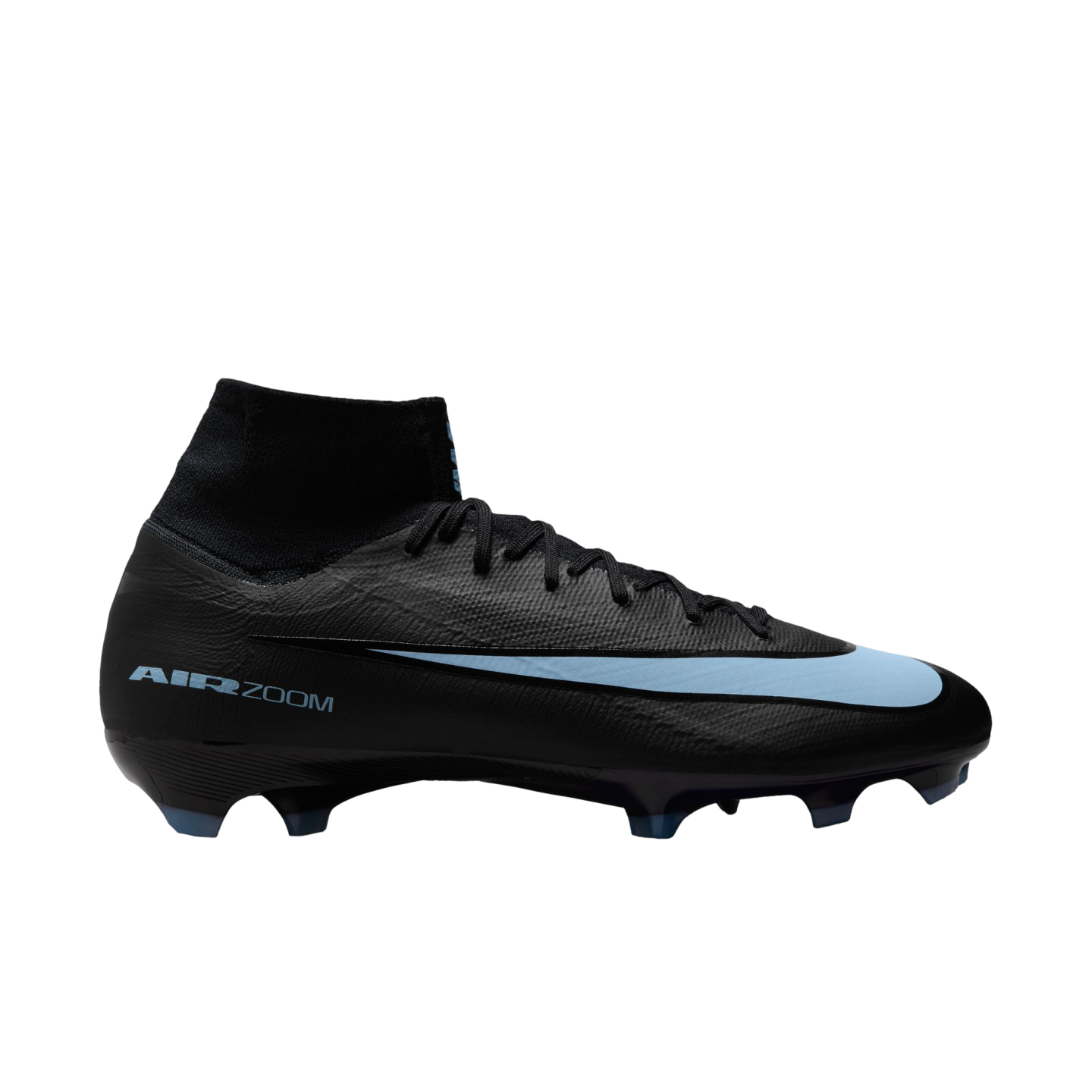 Side view of a black Nike Air Zoom Mercurial soccer cleat with a light blue swoosh and high-top collar, isolated on a black background.