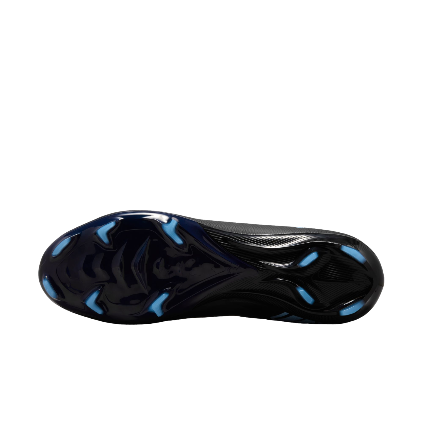 Bottom of a black soccer cleat with a glossy dark blue soleplate and light blue studs, shown against a black background.