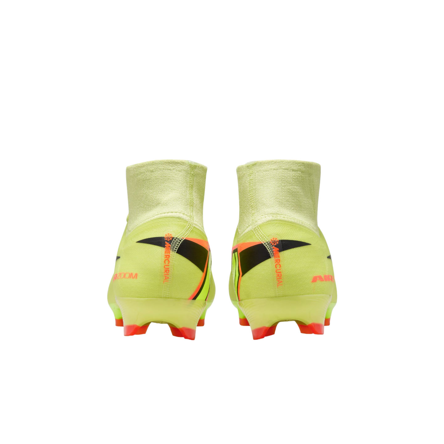 Rear view of neon green Nike Mercurial soccer cleats with orange and black accents, featuring high-top sock collars, against a solid black background.