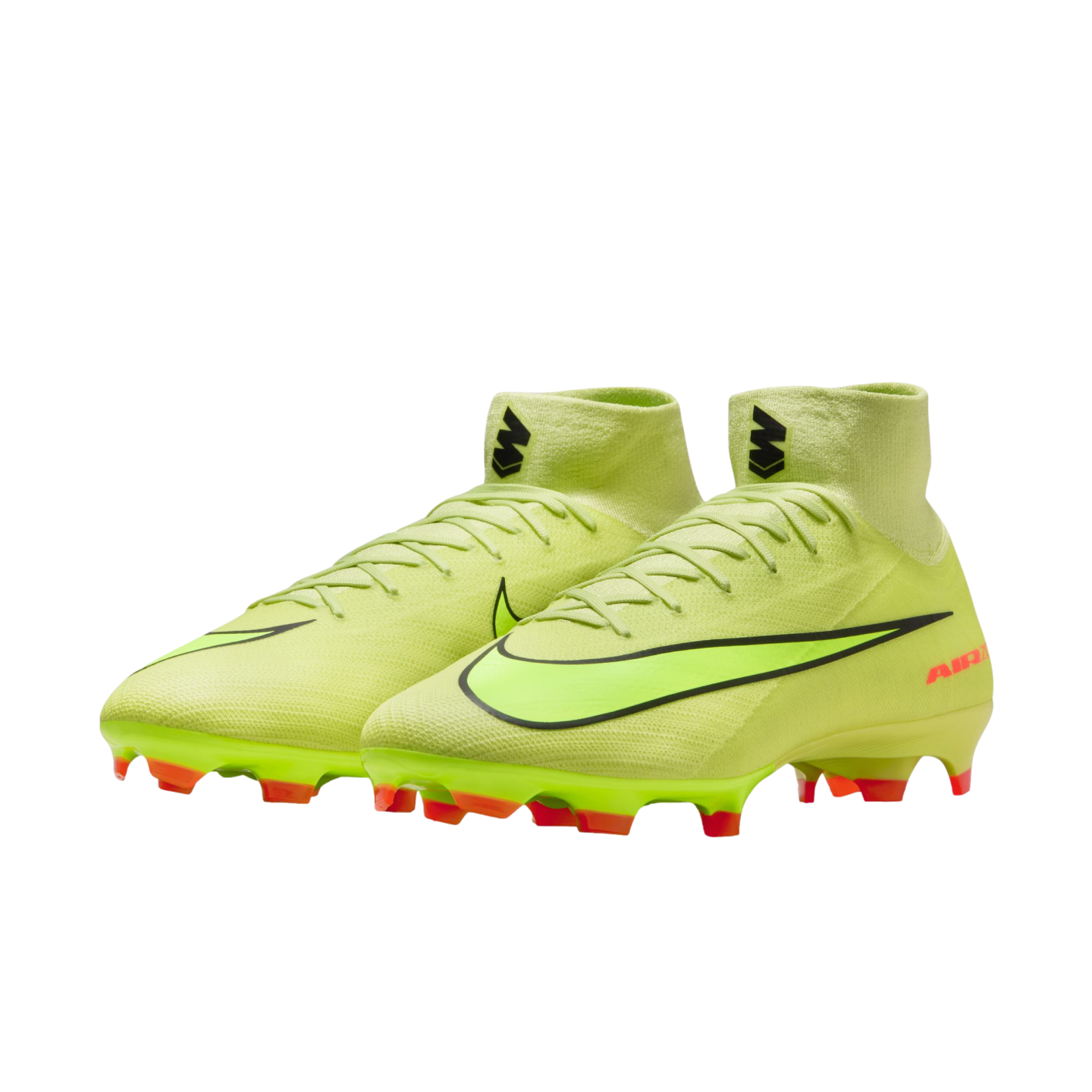 Neon green Nike soccer cleats with high-top ankle collars and bright orange studs, shown against a solid black background.
