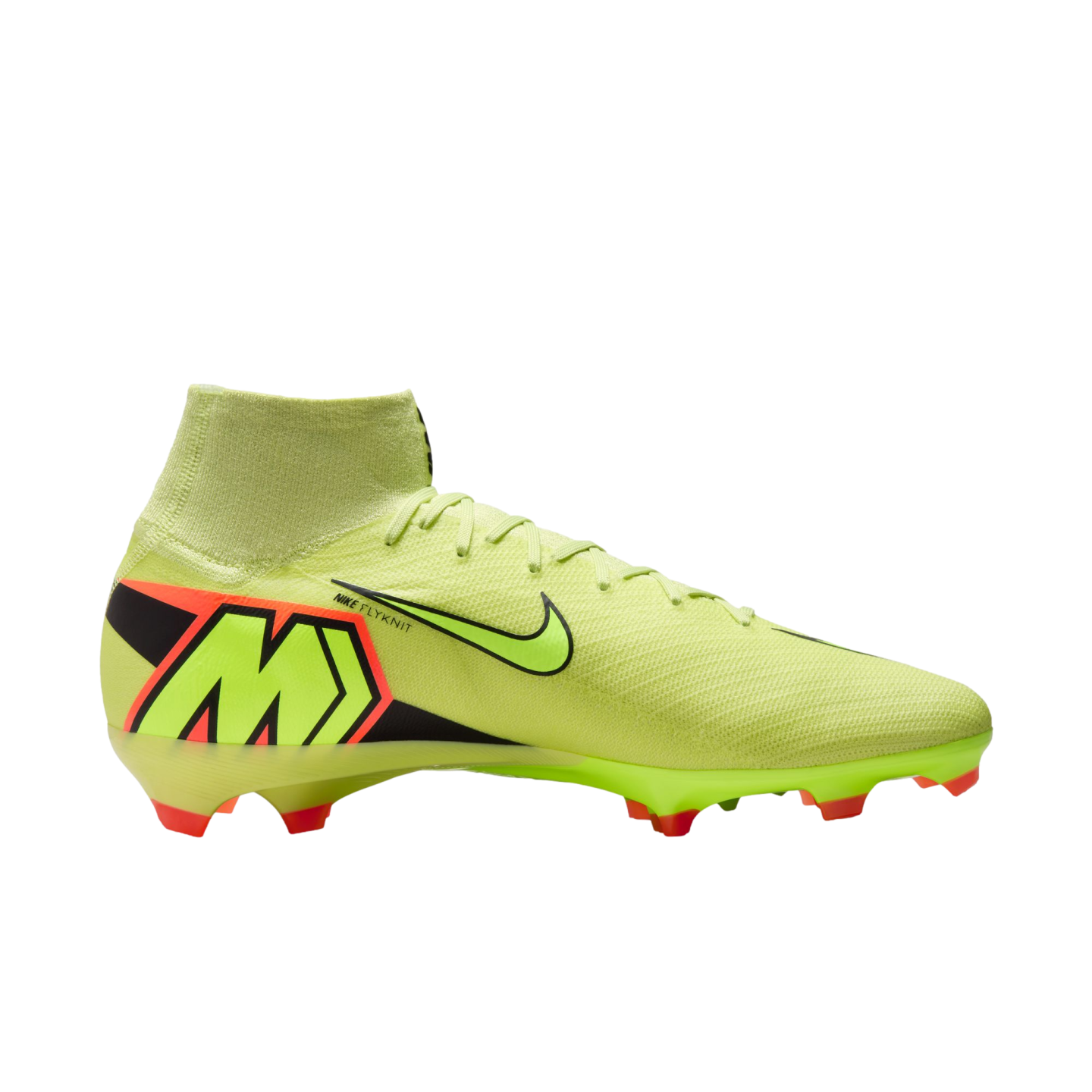 A side-view image of a neon yellow Nike Mercurial soccer cleat featuring a high-top sock collar and a large "M" logo on the heel, set against a black background.