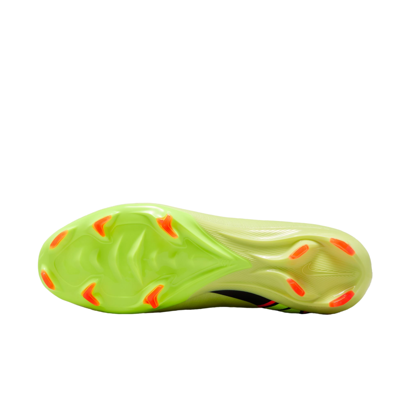 Bottom view of a bright lime green soccer cleat featuring orange-red traction studs, displayed against a solid black background.