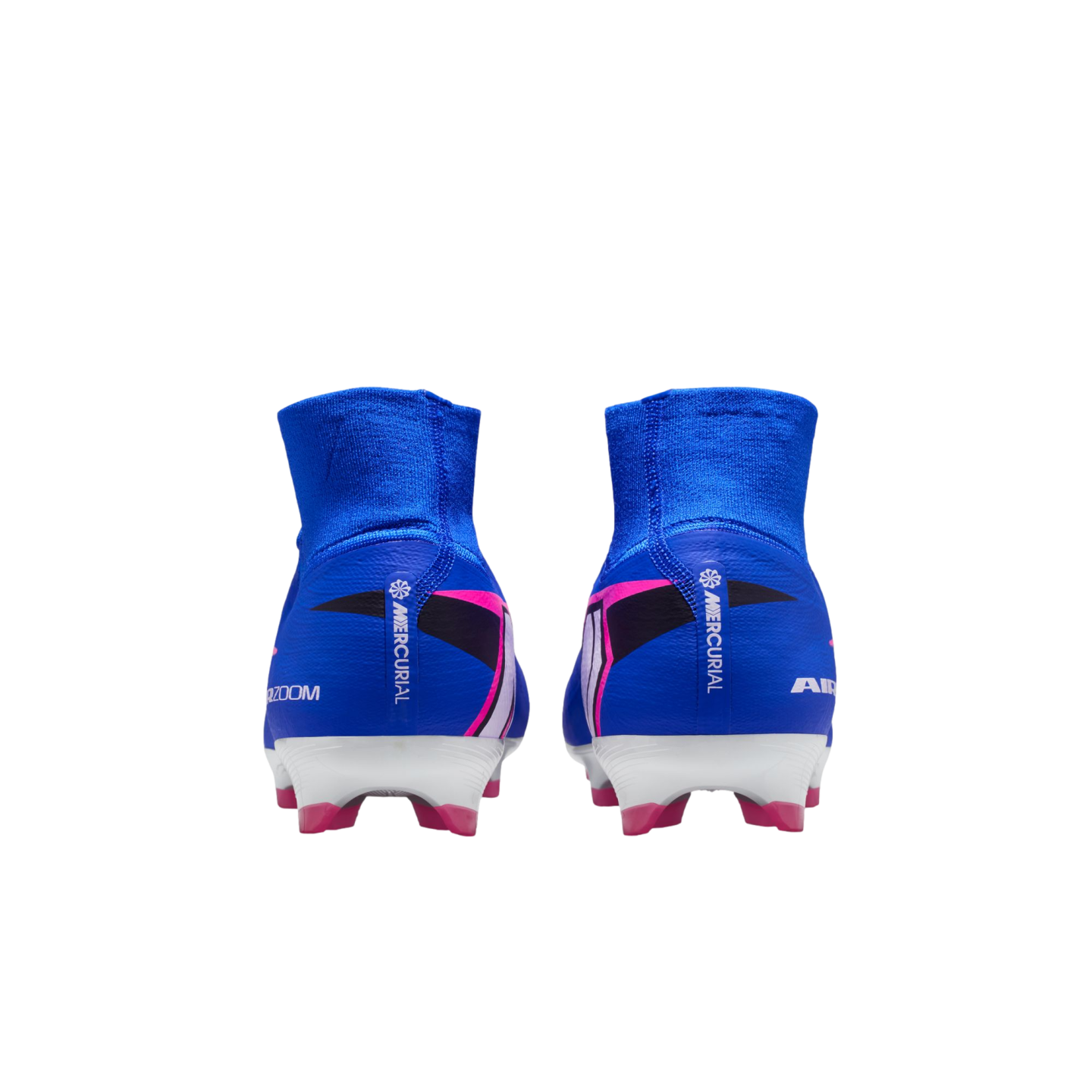 Rear view of royal blue and pink Nike Mercurial soccer cleats with high-top ankle collars and white outsoles against a black background.