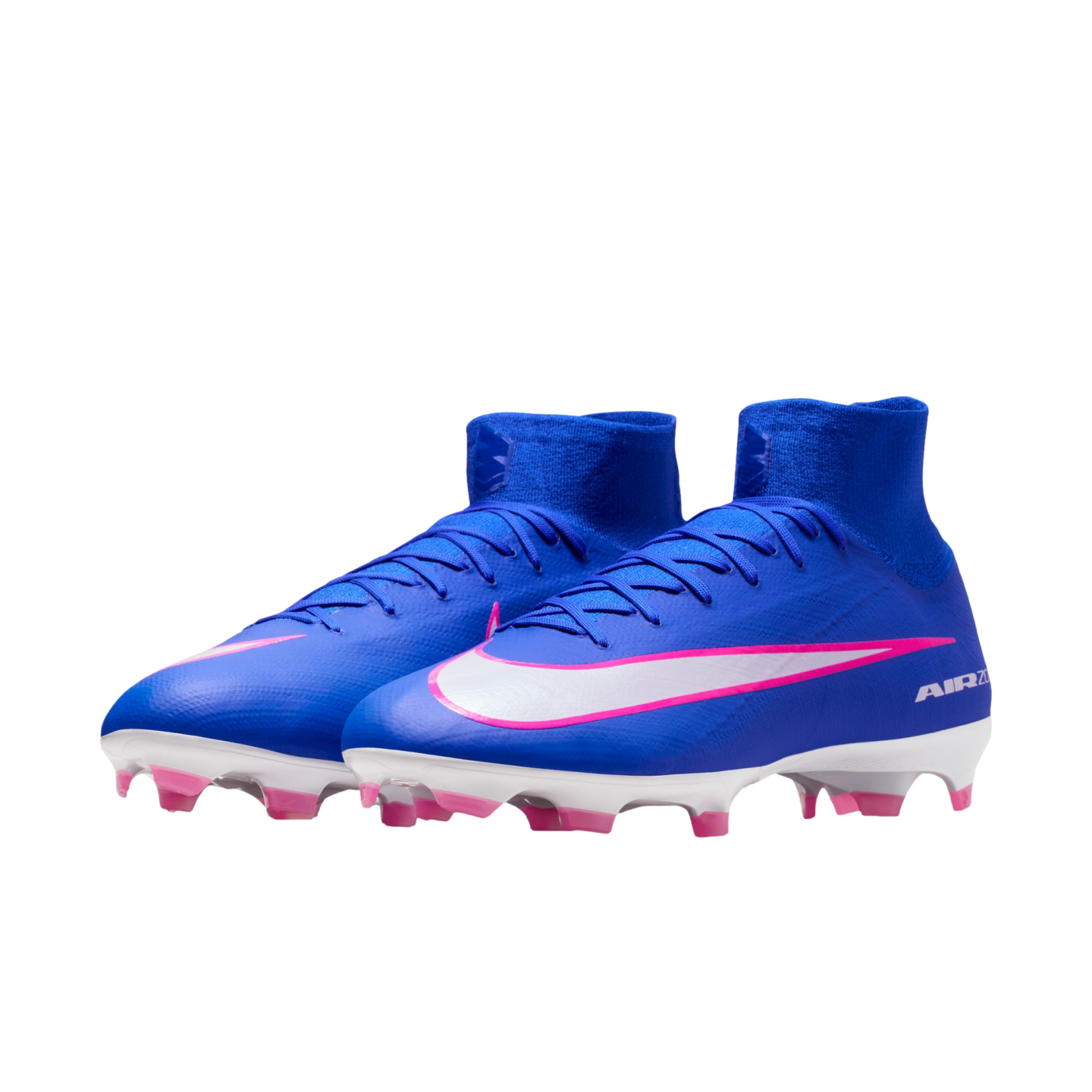 Pair of royal blue Nike soccer cleats with a pink-outlined white swoosh, high-top ankle collars, and pink studs.