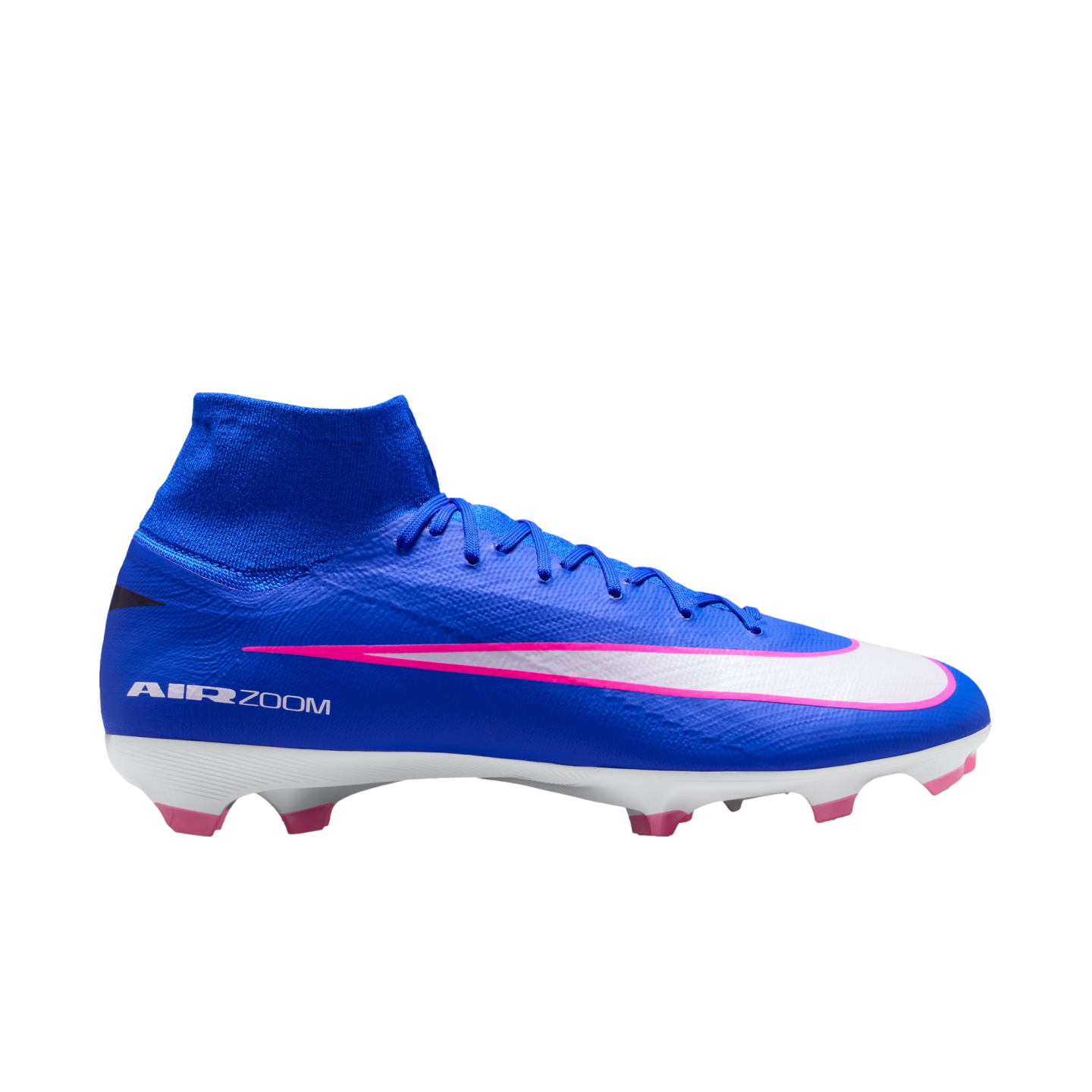Blue Nike Air Zoom soccer cleat with a white and pink swoosh, pink studs, and a high-top sock collar.