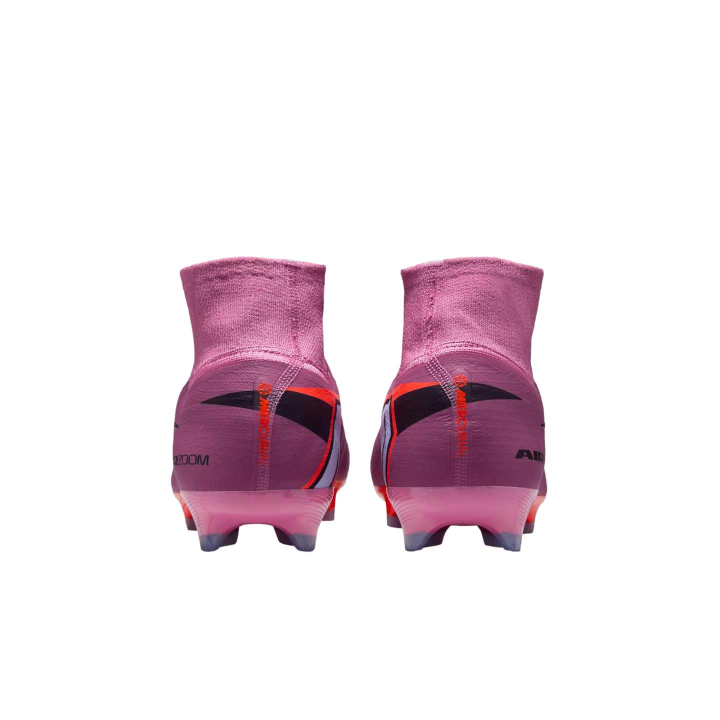 Rear view of purple and red high-top Nike Mercurial soccer cleats with translucent soles, set against a black background.