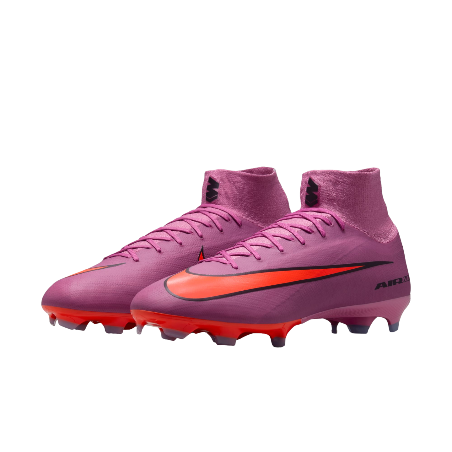 Vibrant pink Nike Mercurial soccer cleats with a bright orange swoosh and orange studs, set against a solid black background.
