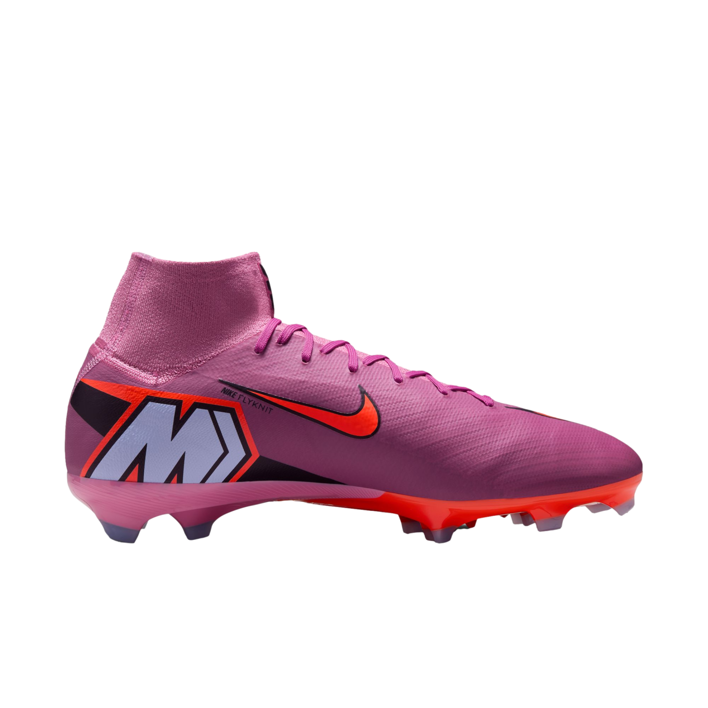 A pink Nike high-top soccer cleat with orange accents and a large "M" logo on the heel, shown in profile against a solid black background.