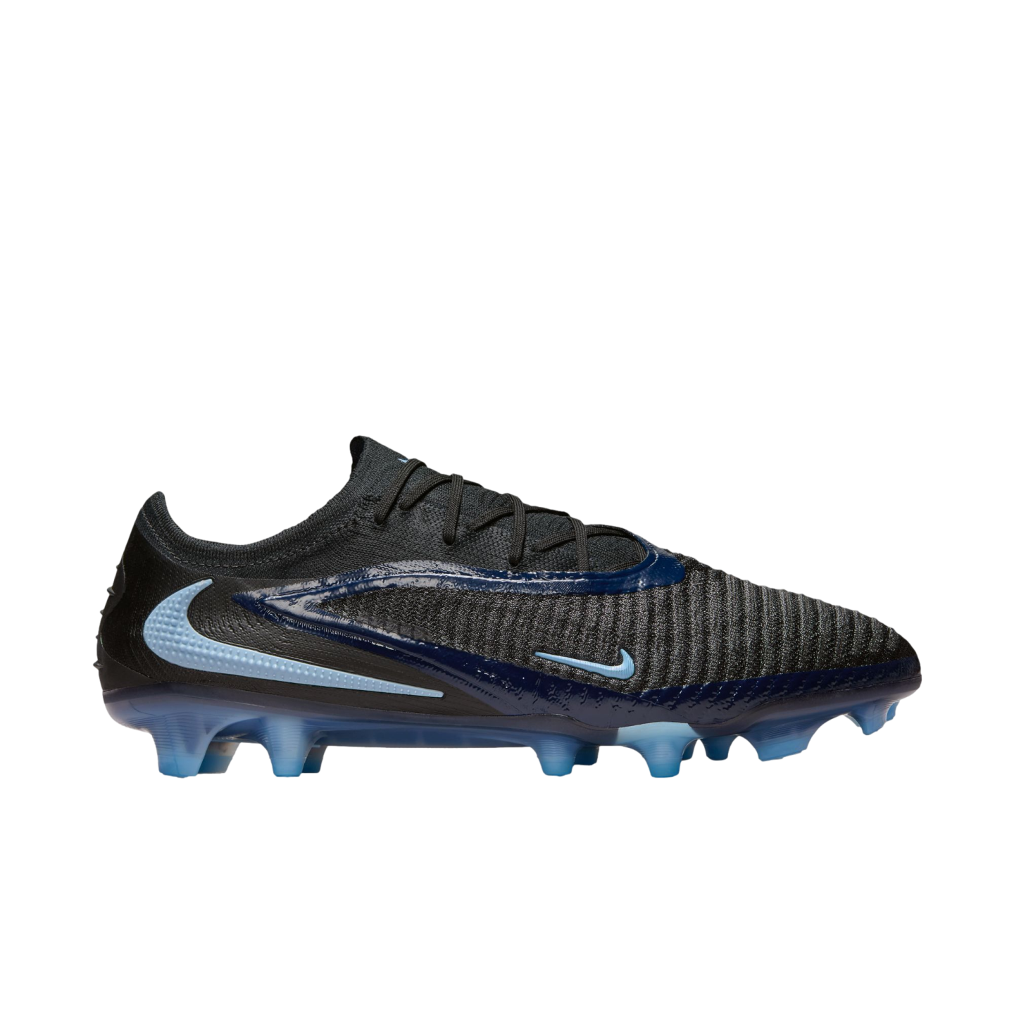A profile view of a black and navy Nike soccer cleat with light blue swoosh logos and translucent blue studs, set against a solid black background.
