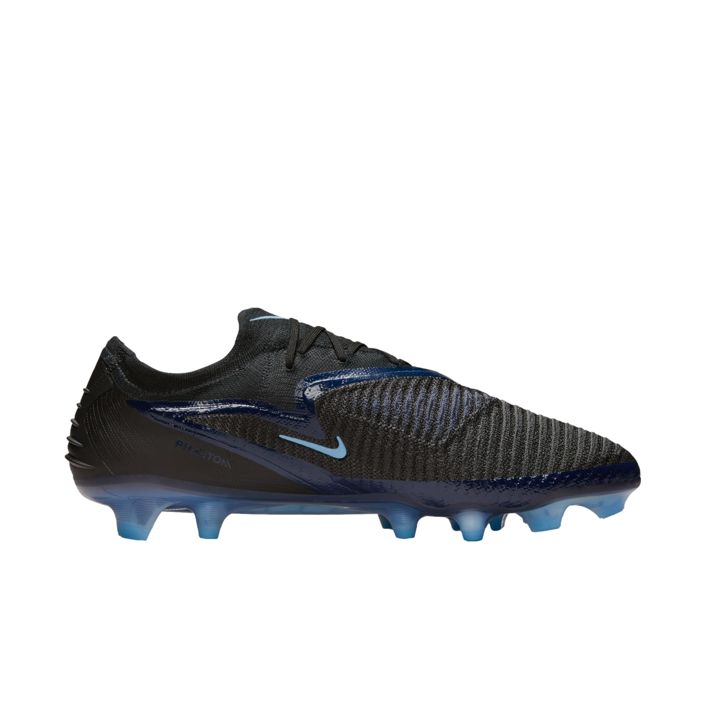 Black and blue Nike Phantom soccer cleat with a textured upper and translucent blue studs, shown from the side against a solid black background.
