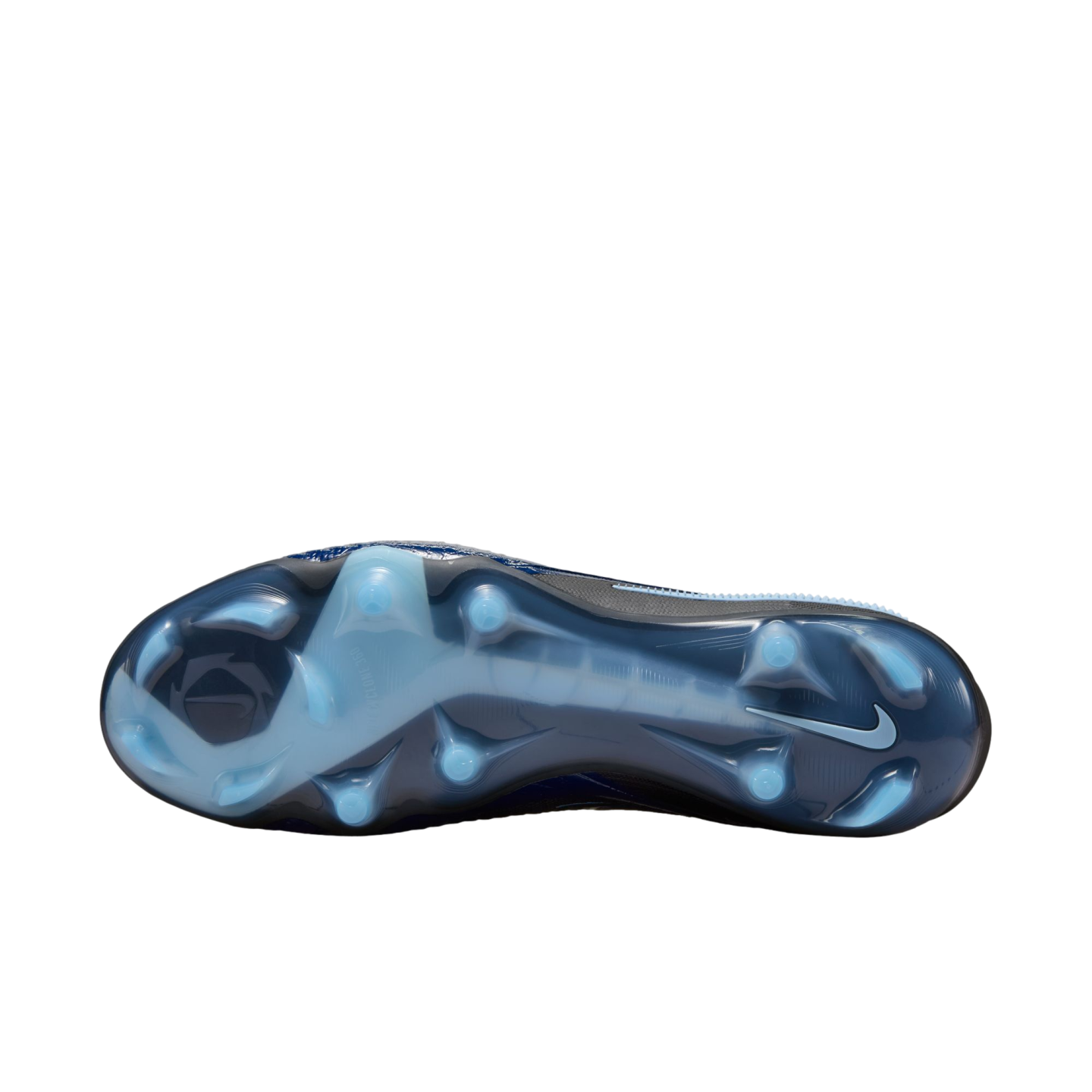 Bottom view of a Nike soccer cleat soleplate, featuring a dark and light blue design with translucent traction studs and a swoosh logo.