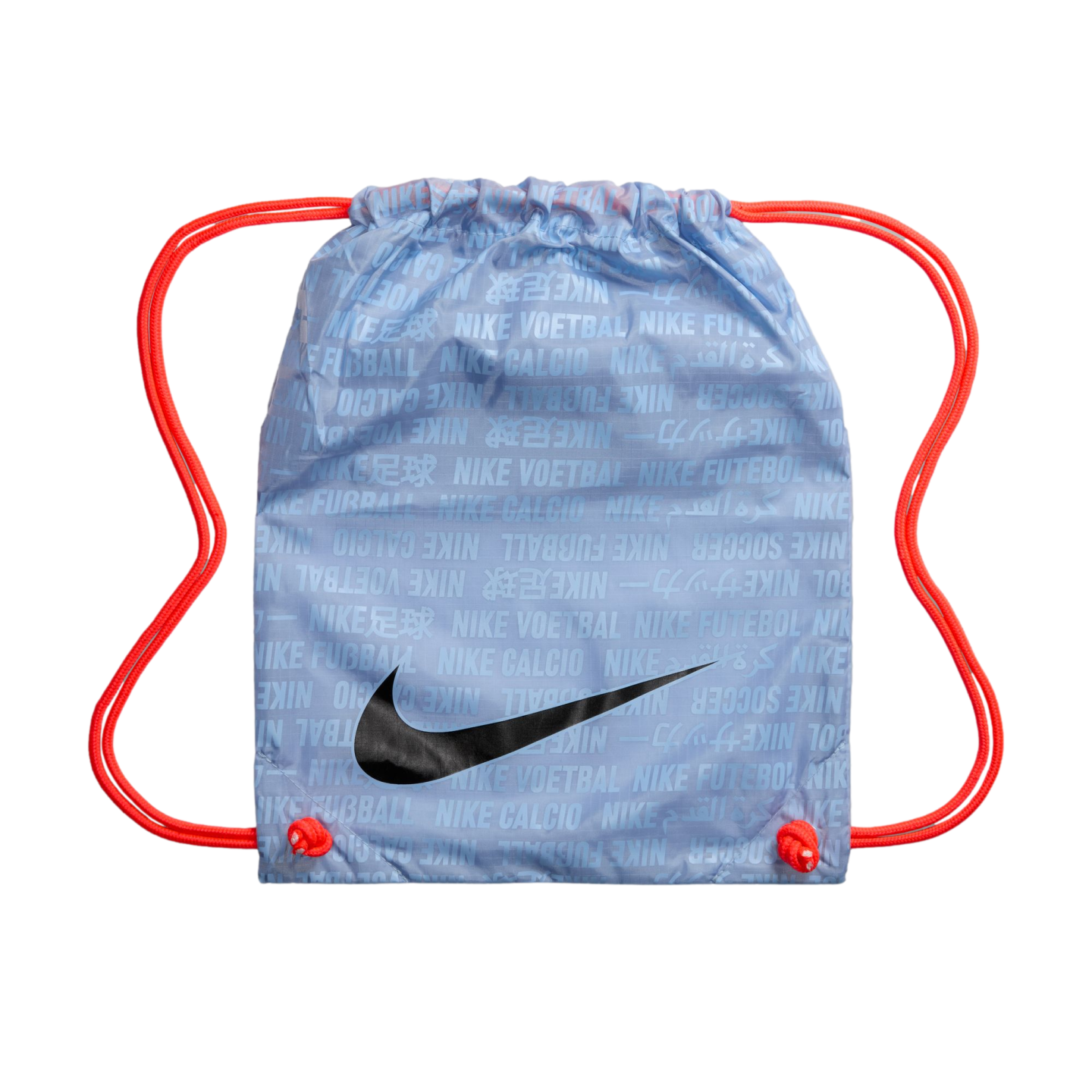 Light blue Nike drawstring bag with a large black swoosh logo and bright orange ropes. Features an all-over text pattern of the word 'soccer' in multiple languages.