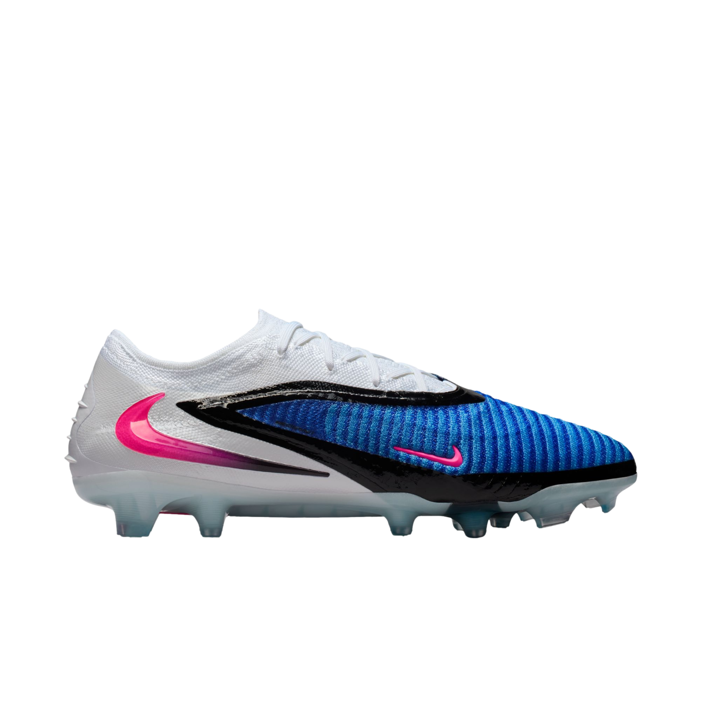 Profile view of a white, blue, and black Nike soccer cleat with pink accents, set against a solid black background.
