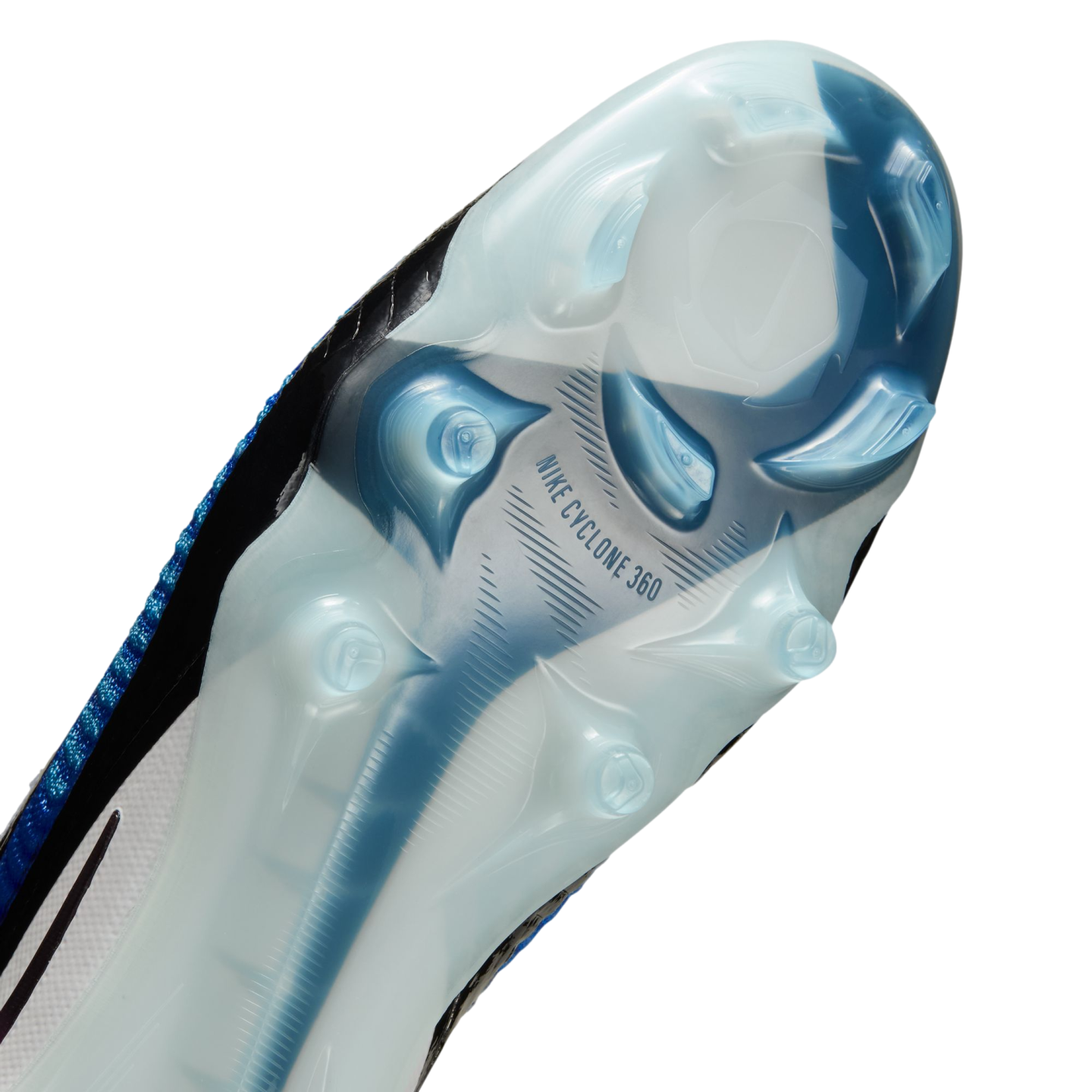 Close-up of the translucent blue and white sole plate of a Nike soccer cleat with "NIKE CYCLONE 360" branding and integrated studs.