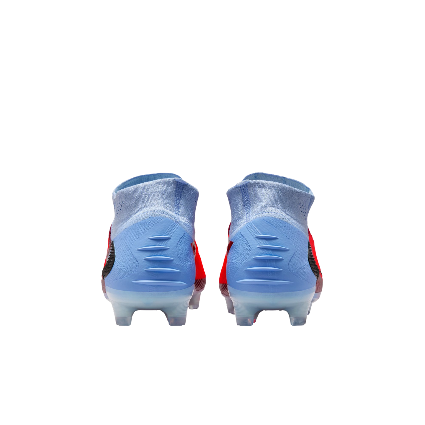 Rear view of light blue and red soccer cleats with high-top collars and clear studs, against a black background.