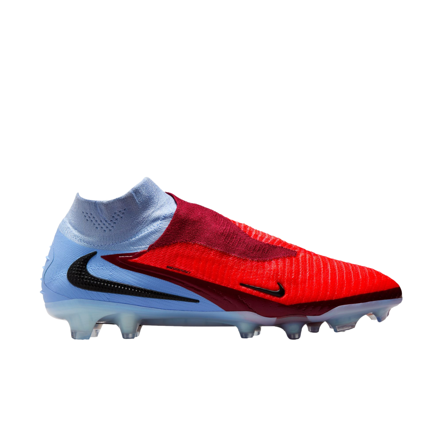 Side profile of a Nike soccer cleat featuring a red and light blue design, black swooshes, and a high-top collar, shown against a black background.