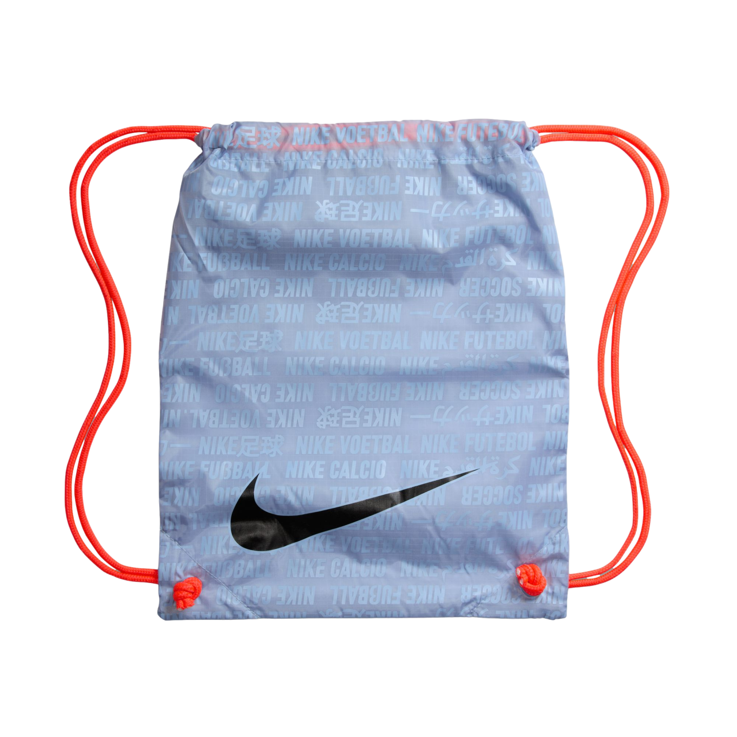 A light blue Nike drawstring bag with orange cords, featuring a large black swoosh and a repeating text pattern of "Nike Soccer" in several languages.