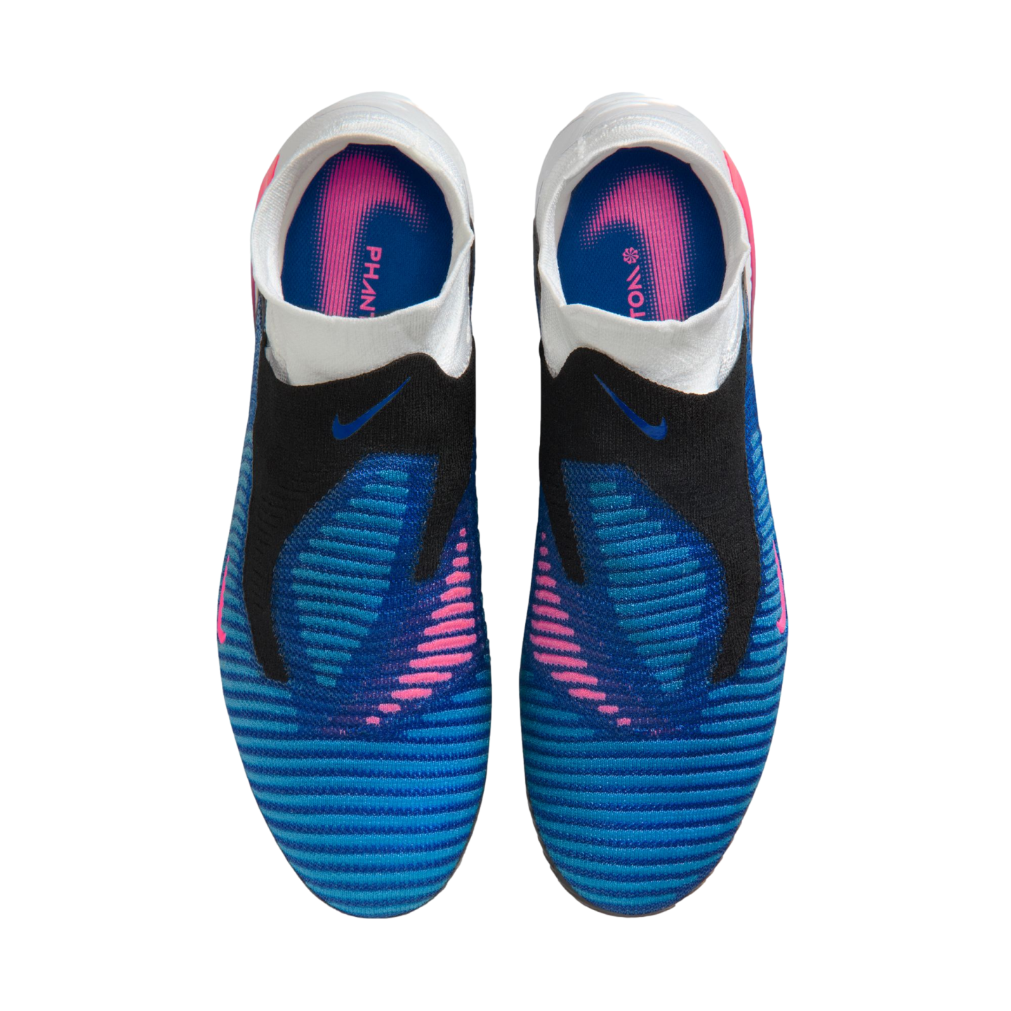 Top-down view of blue and black Nike Phantom soccer cleats with pink accents and white collars, featuring a textured upper and laceless design.