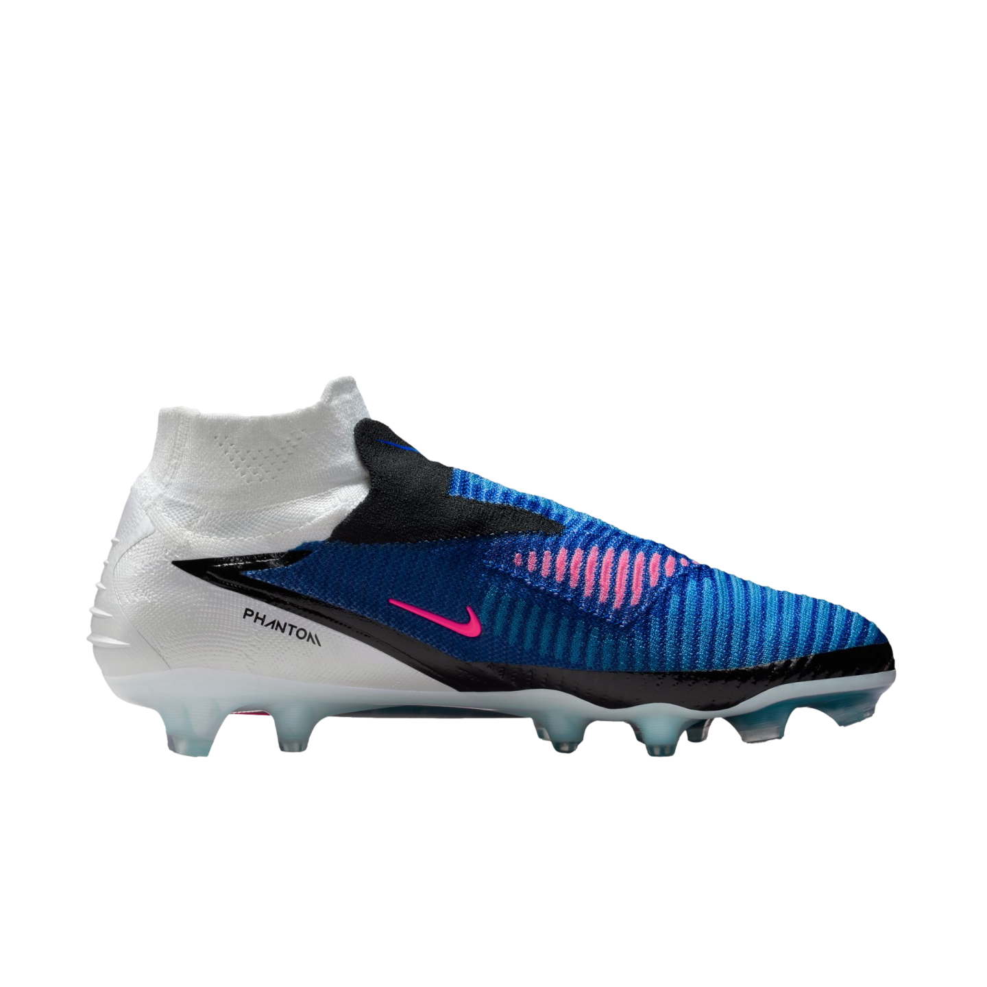 Side-view of a Nike Phantom soccer cleat featuring a white heel and collar, blue textured upper with pink accents, and translucent studs against a black background.
