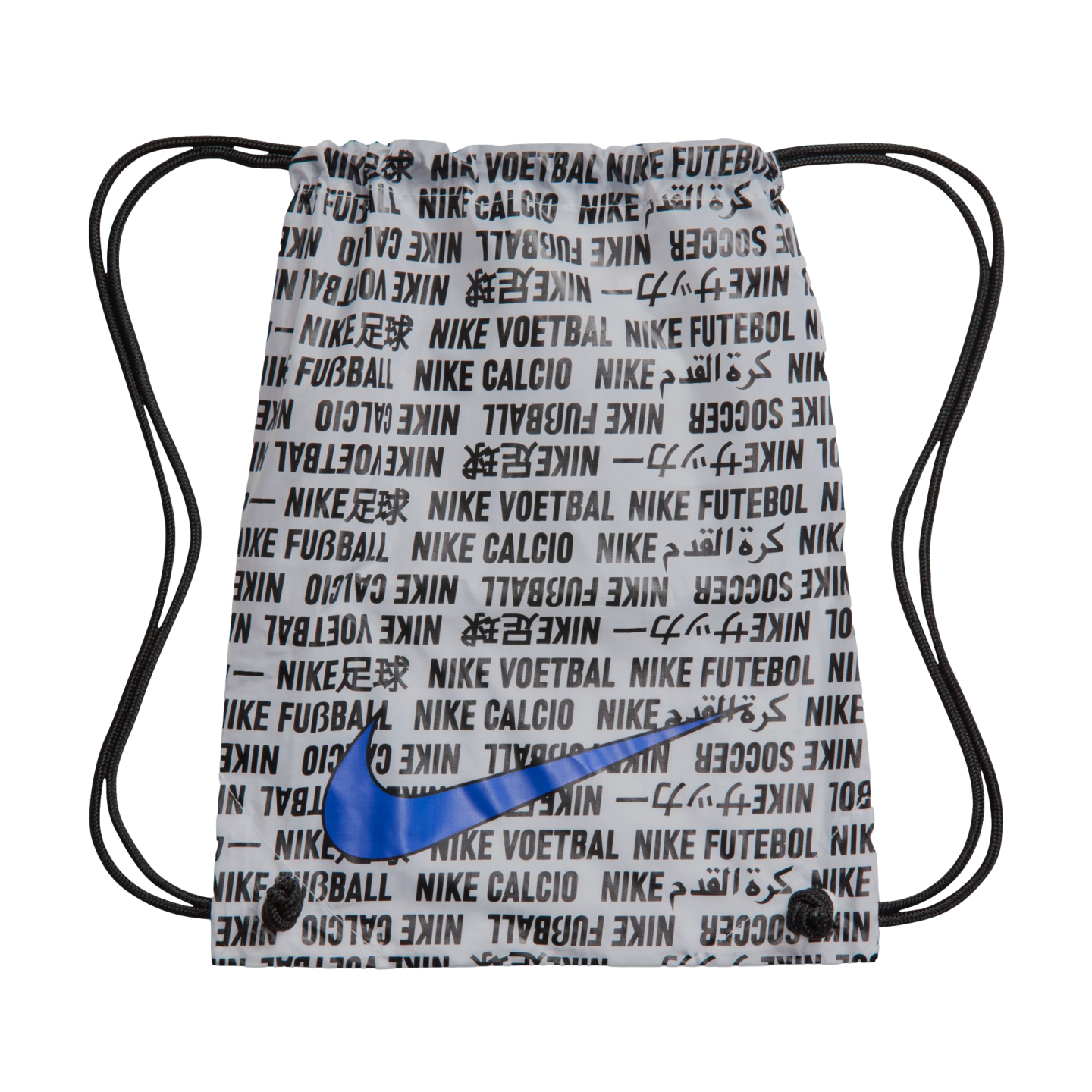 White Nike drawstring bag with repeating multilingual "Nike Soccer" text in black and a large blue swoosh centered on the front.