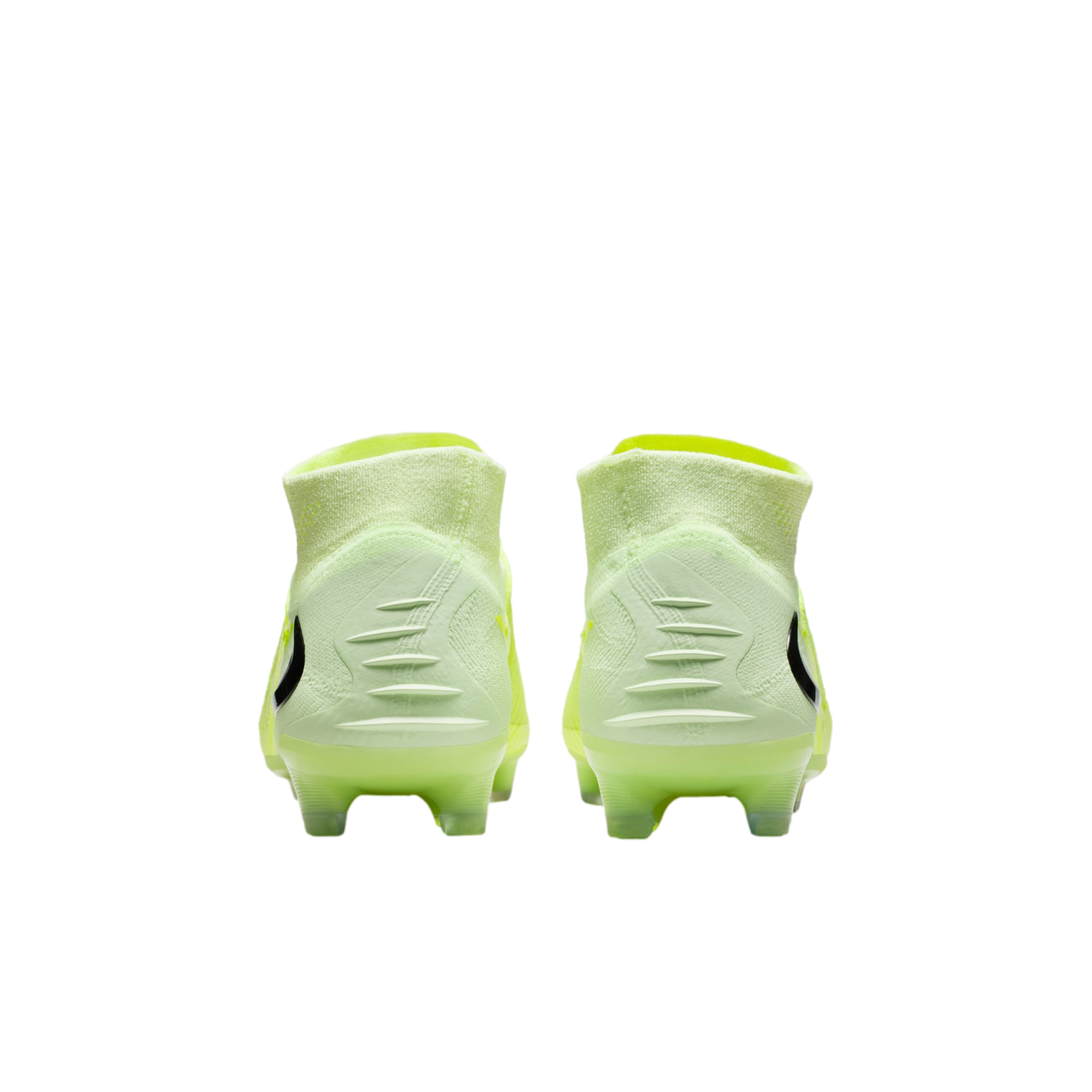 Rear view of two neon yellow high-top soccer cleats with textured heels on a black background.