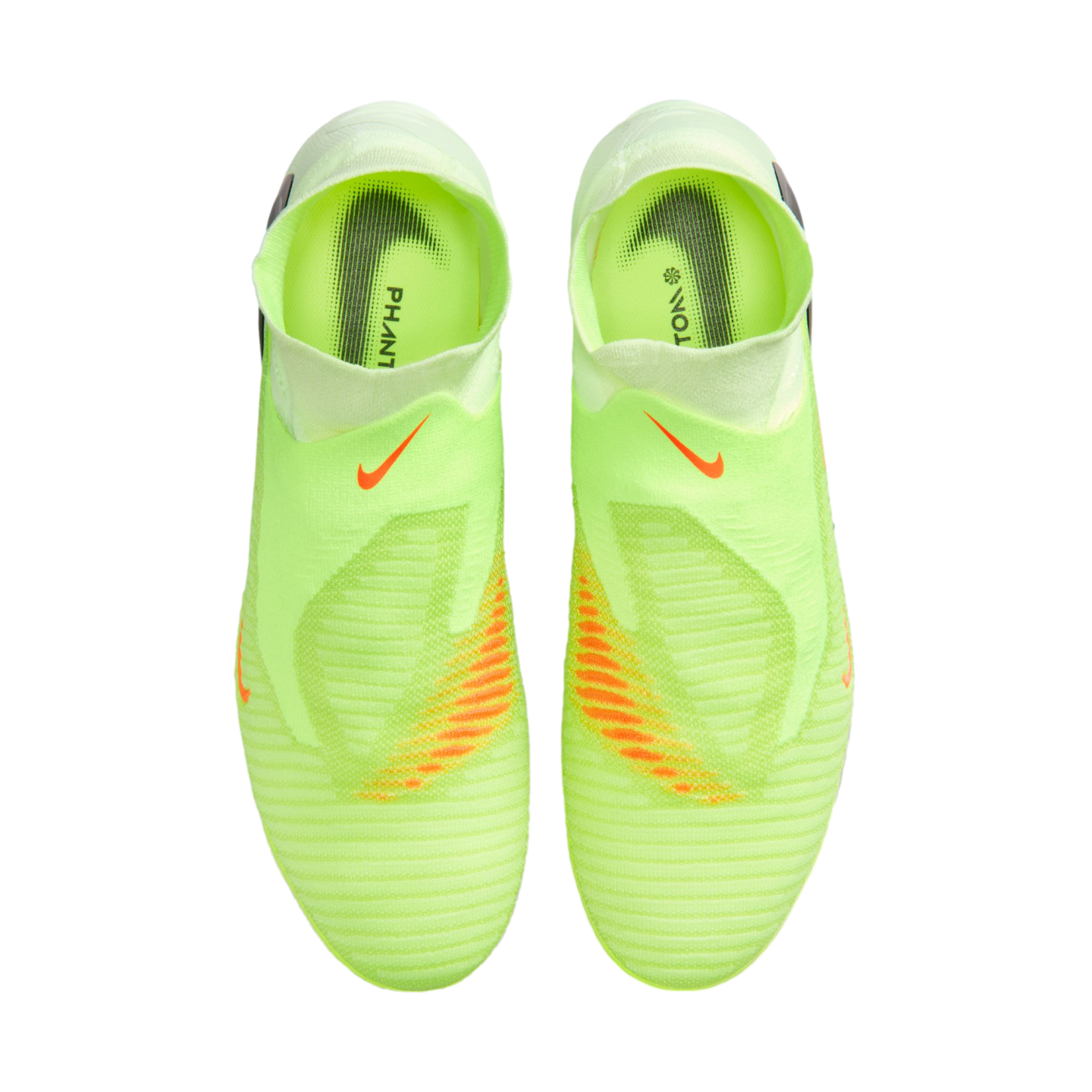 Top-down view of neon yellow Nike Phantom soccer cleats with orange accents and Nike swooshes, set against a solid black background.