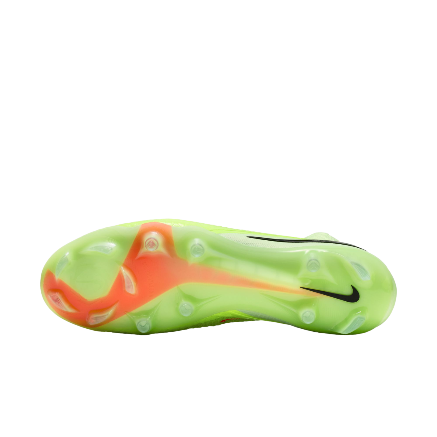 Soleplate of a lime green Nike soccer cleat featuring molded studs, a bright orange design on the forefoot, and a black swoosh near the heel.
