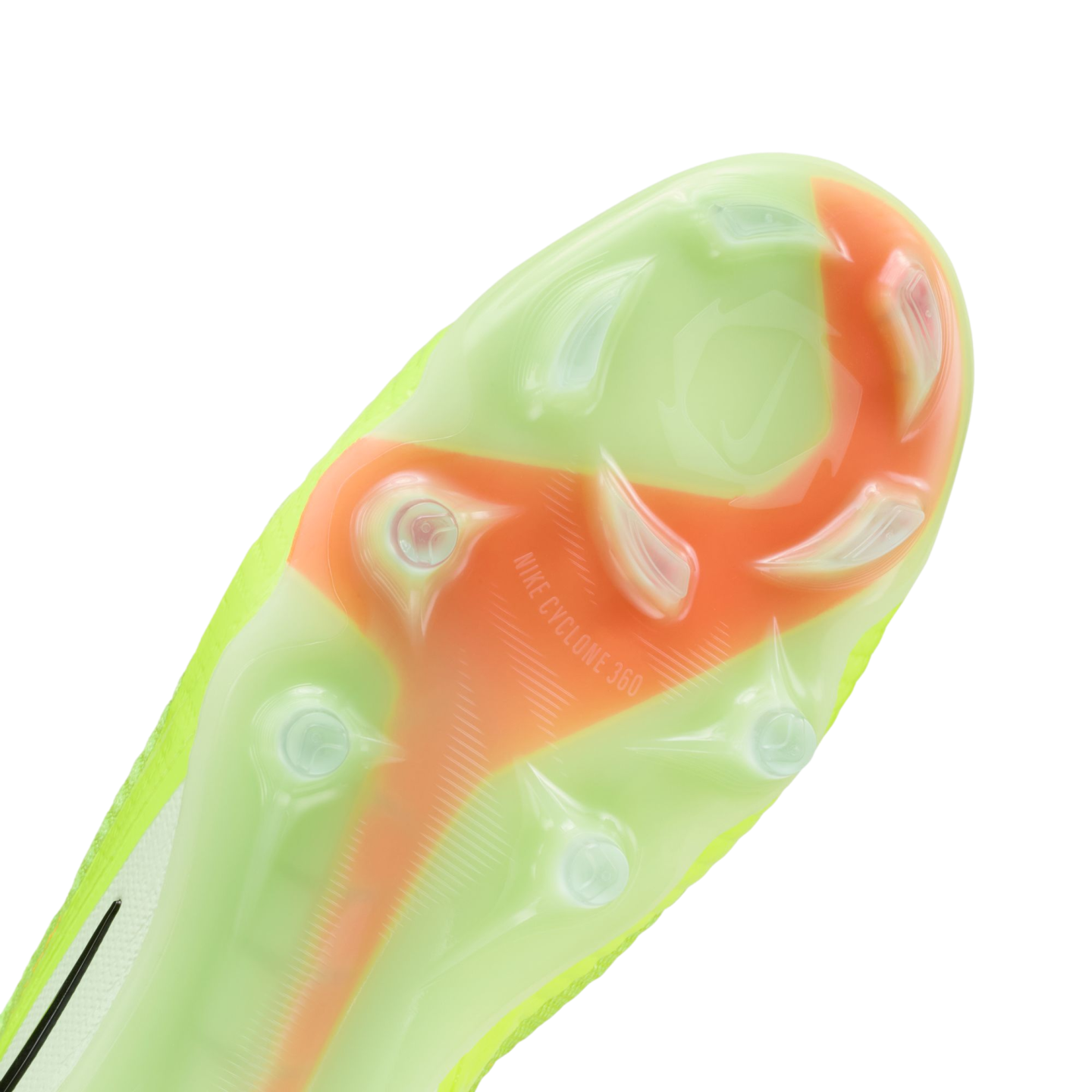 Close-up of a Nike football boot's lime green and orange soleplate, showing the translucent traction plate and "NIKE CYCLONE 360" stud pattern against a black background.