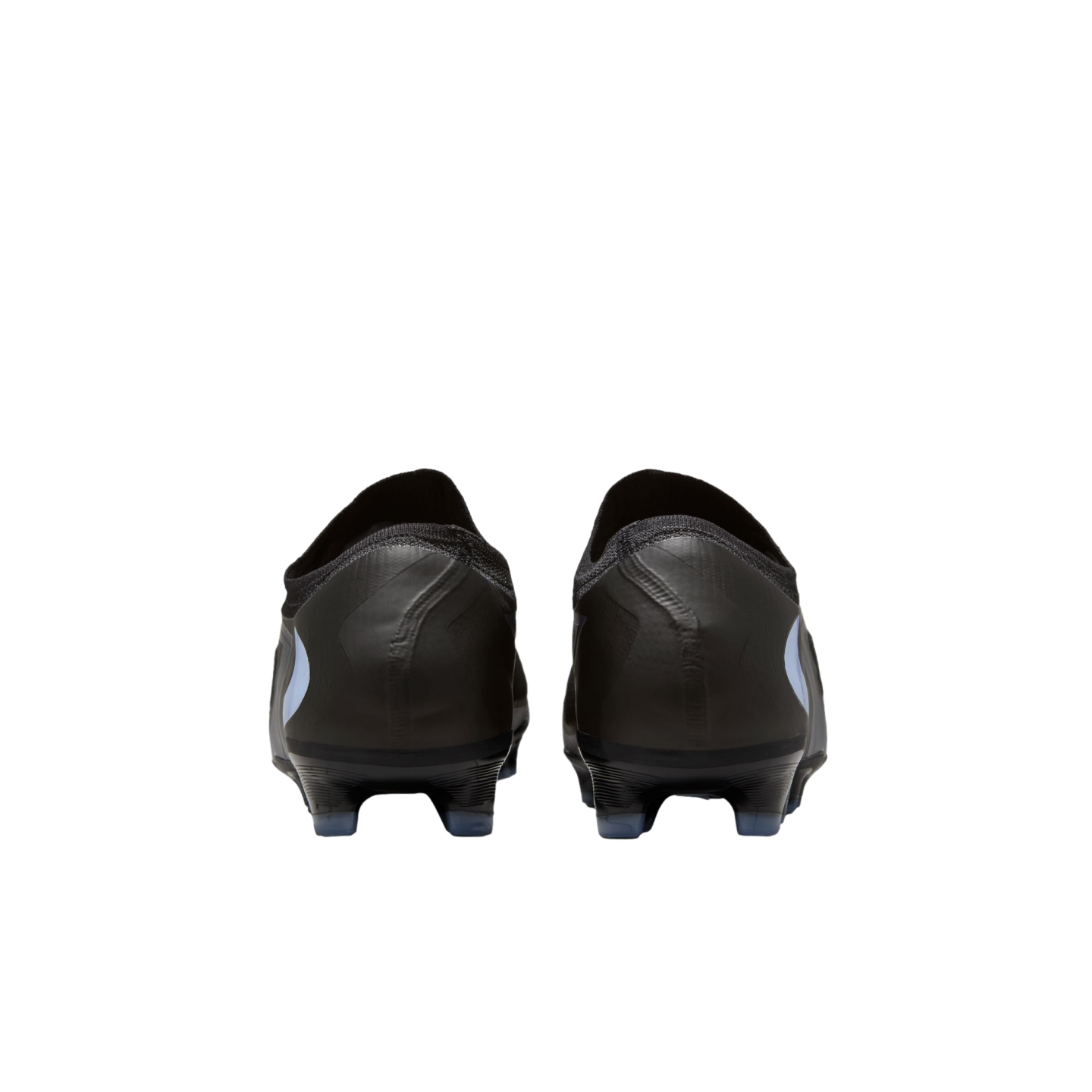 Rear view of a pair of black soccer cleats with white logo accents, set against a solid black background.