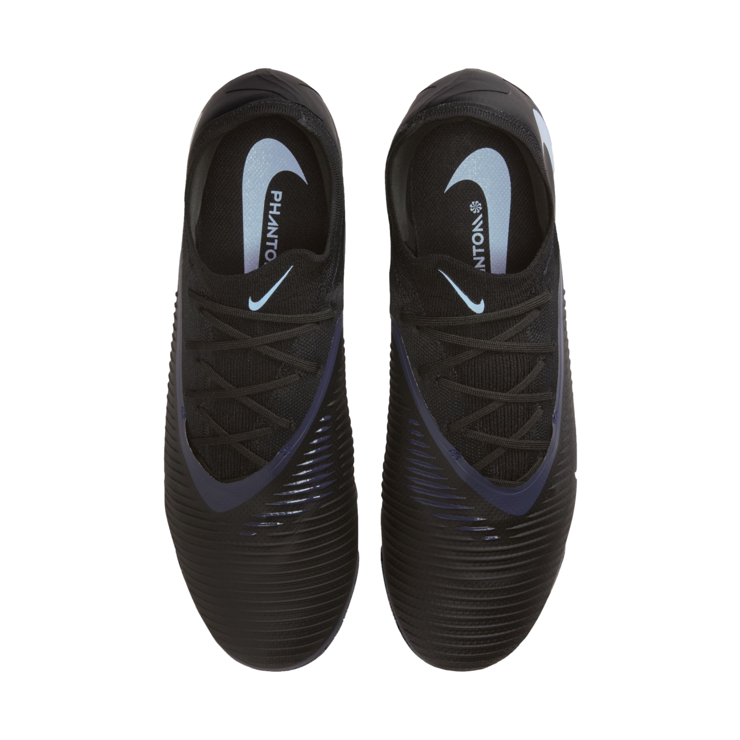 Top-down view of a pair of black Nike Phantom soccer cleats with light blue and dark blue accents, shown against a solid black background.