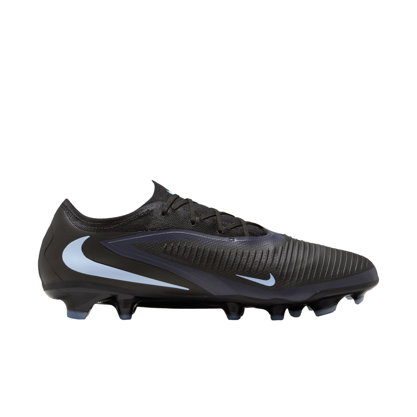 Side profile of a black Nike Phantom Venom soccer cleat with light blue swooshes and a textured upper, set against a black background.