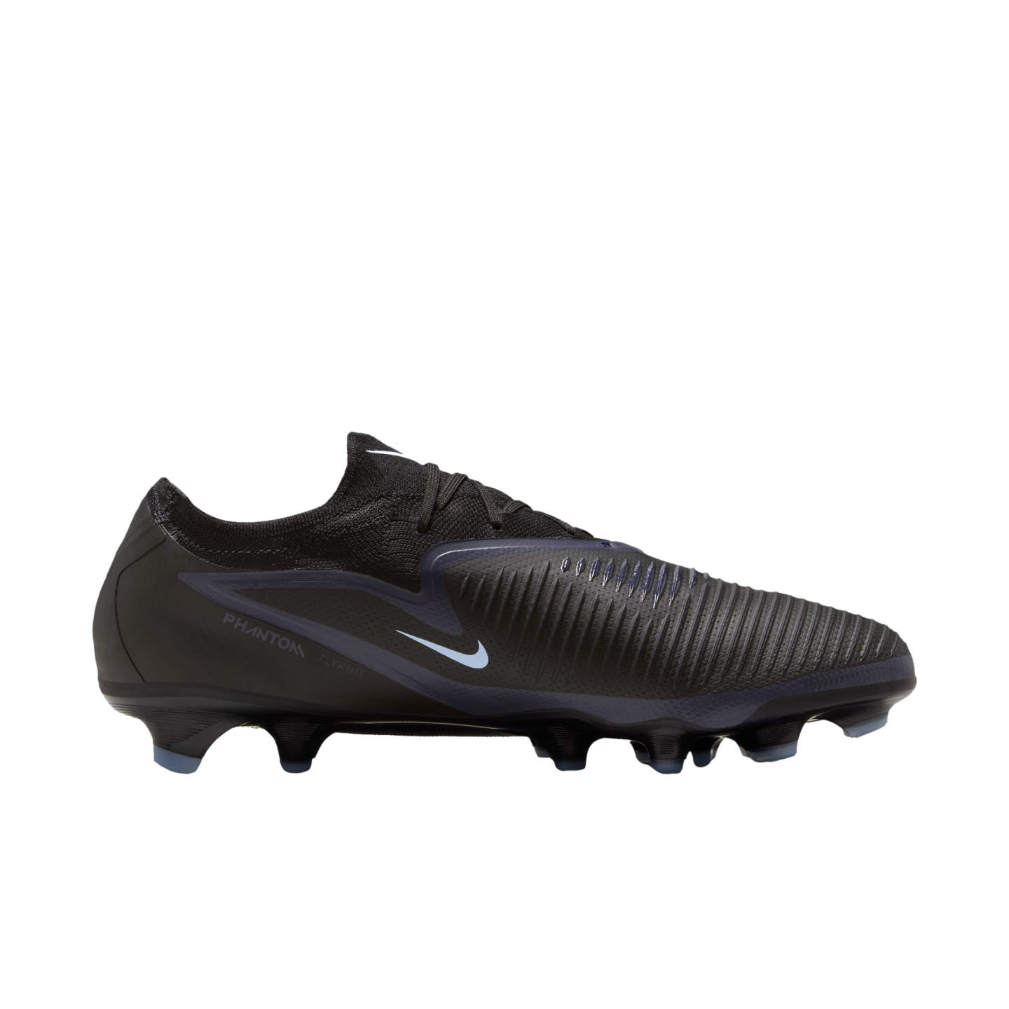 Profile of a black Nike Phantom football boot with light blue accents, a textured upper, and blue-tipped cleats, set against a black background.