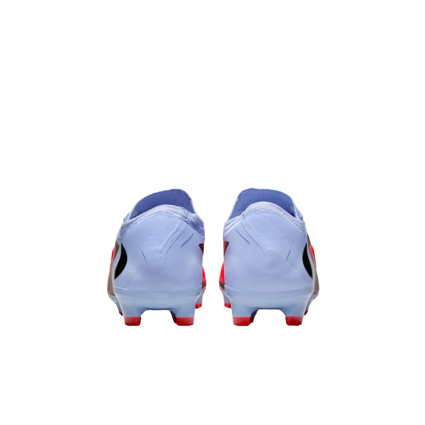 Rear view of a pair of light blue soccer cleats with red studs, set against a solid black background.
