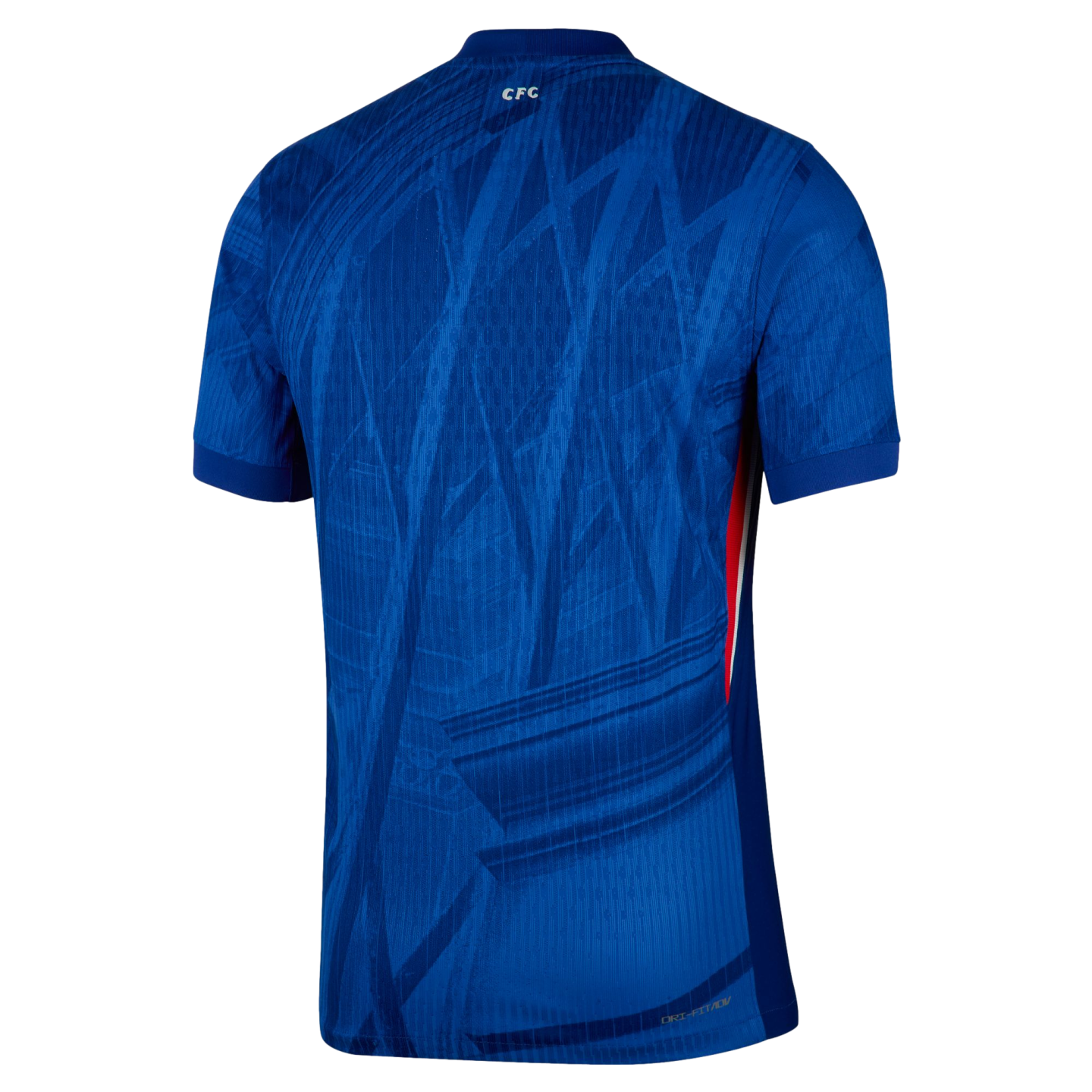 The back of a blue soccer jersey with a subtle tonal pattern, 'CFC' on the neck, and a red and white stripe on the side.
