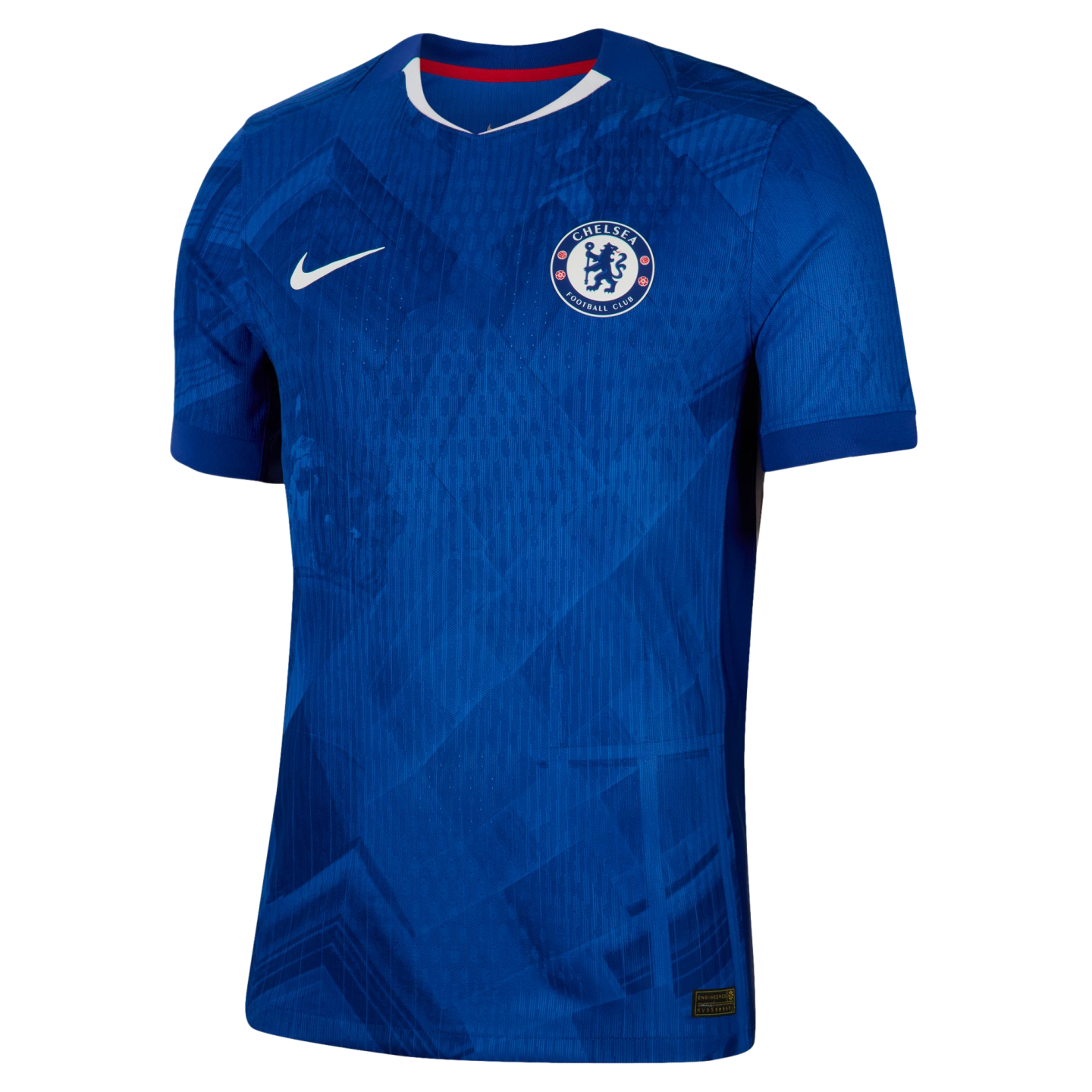 A blue short-sleeved Chelsea FC home jersey by Nike, featuring a white swoosh, the club crest, and a subtle tonal geometric pattern.
