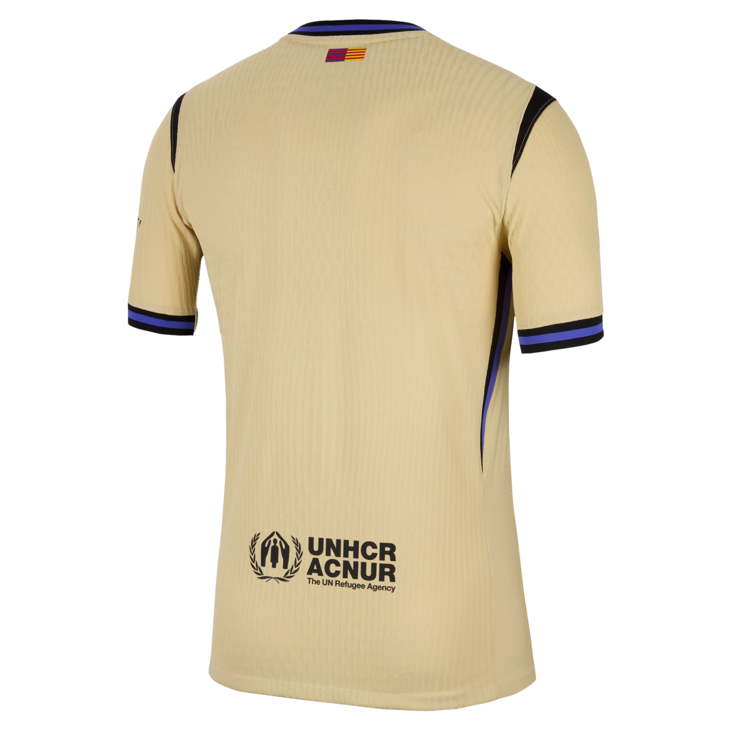 Back view of a gold soccer jersey with blue and black trim, featuring a small striped flag on the neck and the UNHCR ACNUR logo at the bottom.