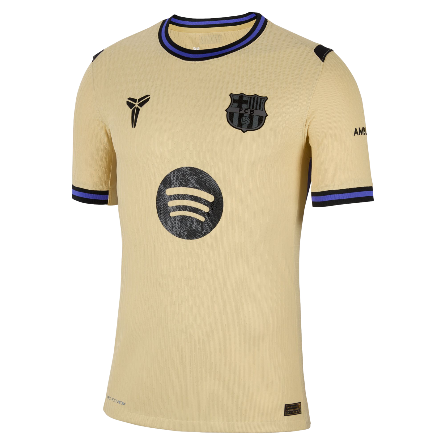 Gold FC Barcelona soccer jersey with black Kobe Bryant and Spotify logos. The collar and cuffs feature blue and black stripes against a solid black background.