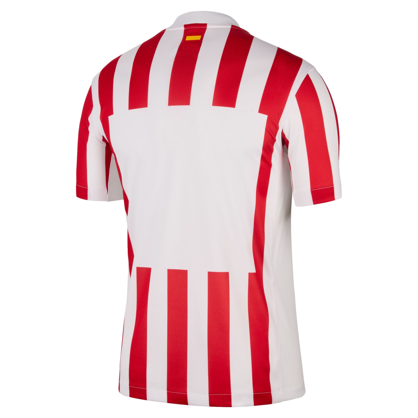 Back view of a red and white vertically striped soccer jersey with a large central white panel for player details and a small flag on the back neck.