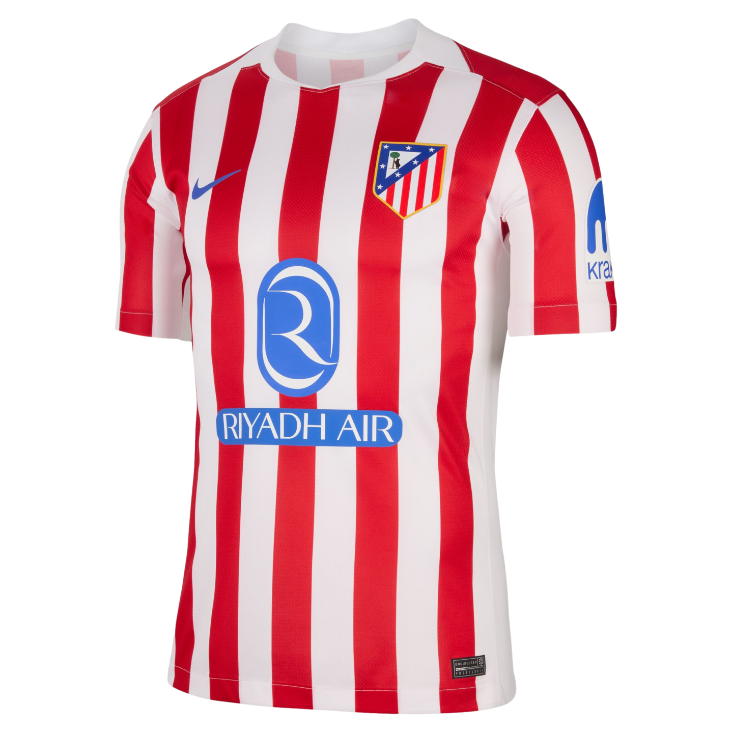 Atlético de Madrid 2024-25 home jersey featuring red and white vertical stripes, the Nike logo, team crest, and Riyadh Air and Kraken sponsorships.