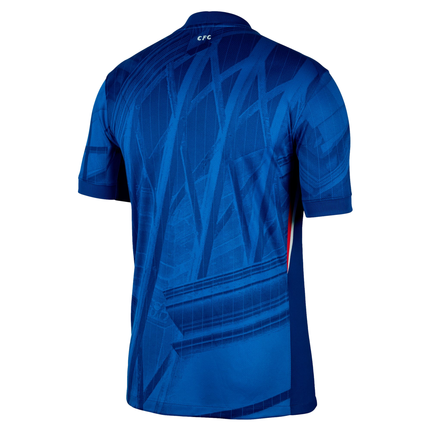 Back view of a blue soccer jersey with an abstract tonal graphic. Features "CFC" at the neck and a red and white stripe detail on the side seam.