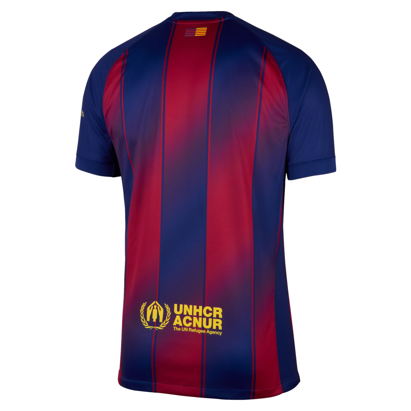 Back of a blue and red striped soccer jersey with a yellow UNHCR logo at the bottom and a small Catalan flag below the collar.