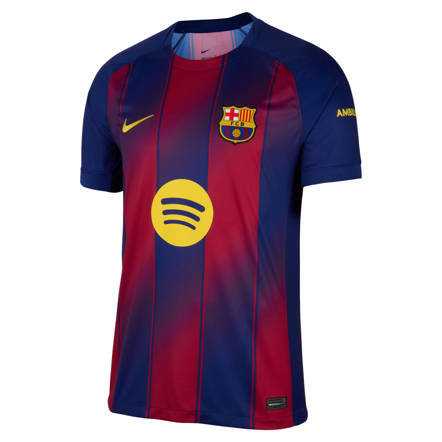 FC Barcelona home jersey with blue and red vertical stripes, yellow Nike swoosh, club crest, and a yellow Spotify logo in the center.