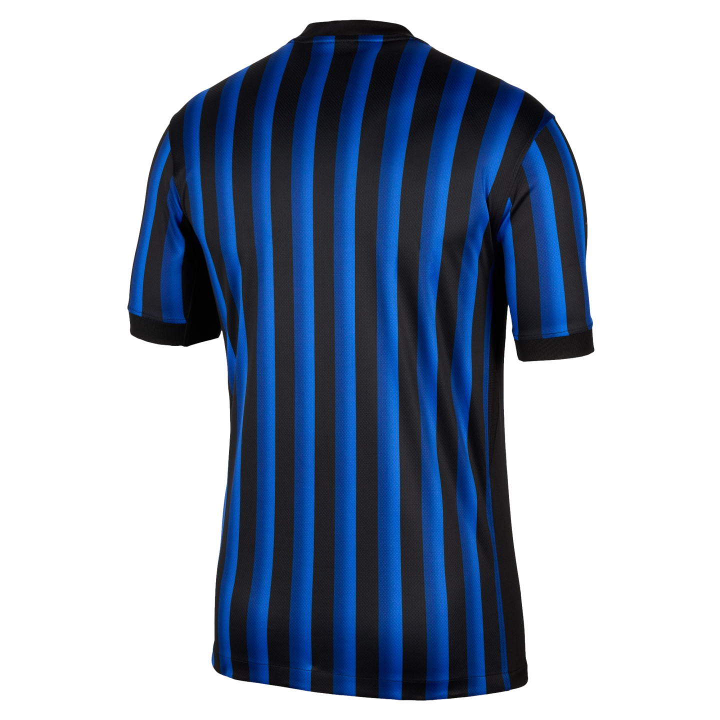 The back view of a short-sleeved jersey featuring alternating black and vibrant blue vertical stripes, a black crew-neck collar, and black sleeve cuffs.