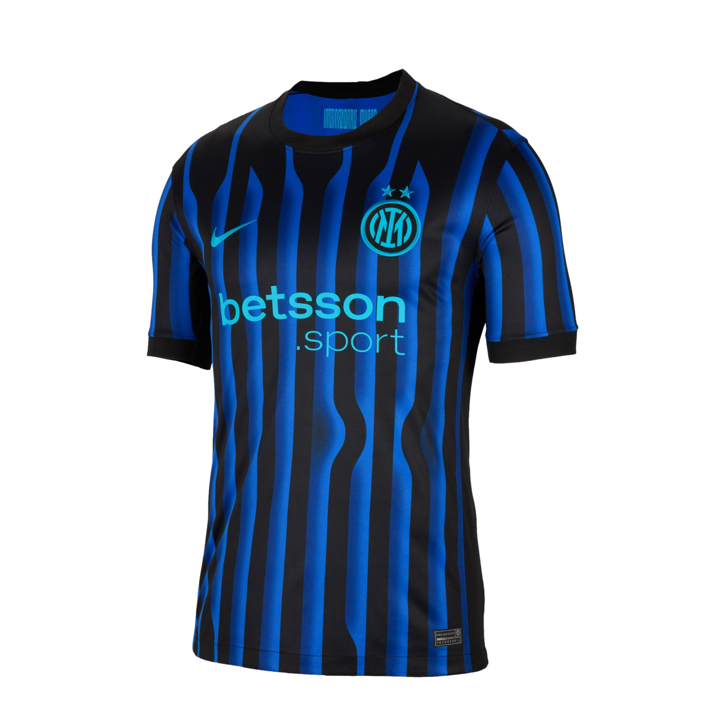 Inter Milan home football jersey featuring blue and black wavy vertical stripes, a teal club crest with two stars, and the "betsson.sport" sponsor logo.