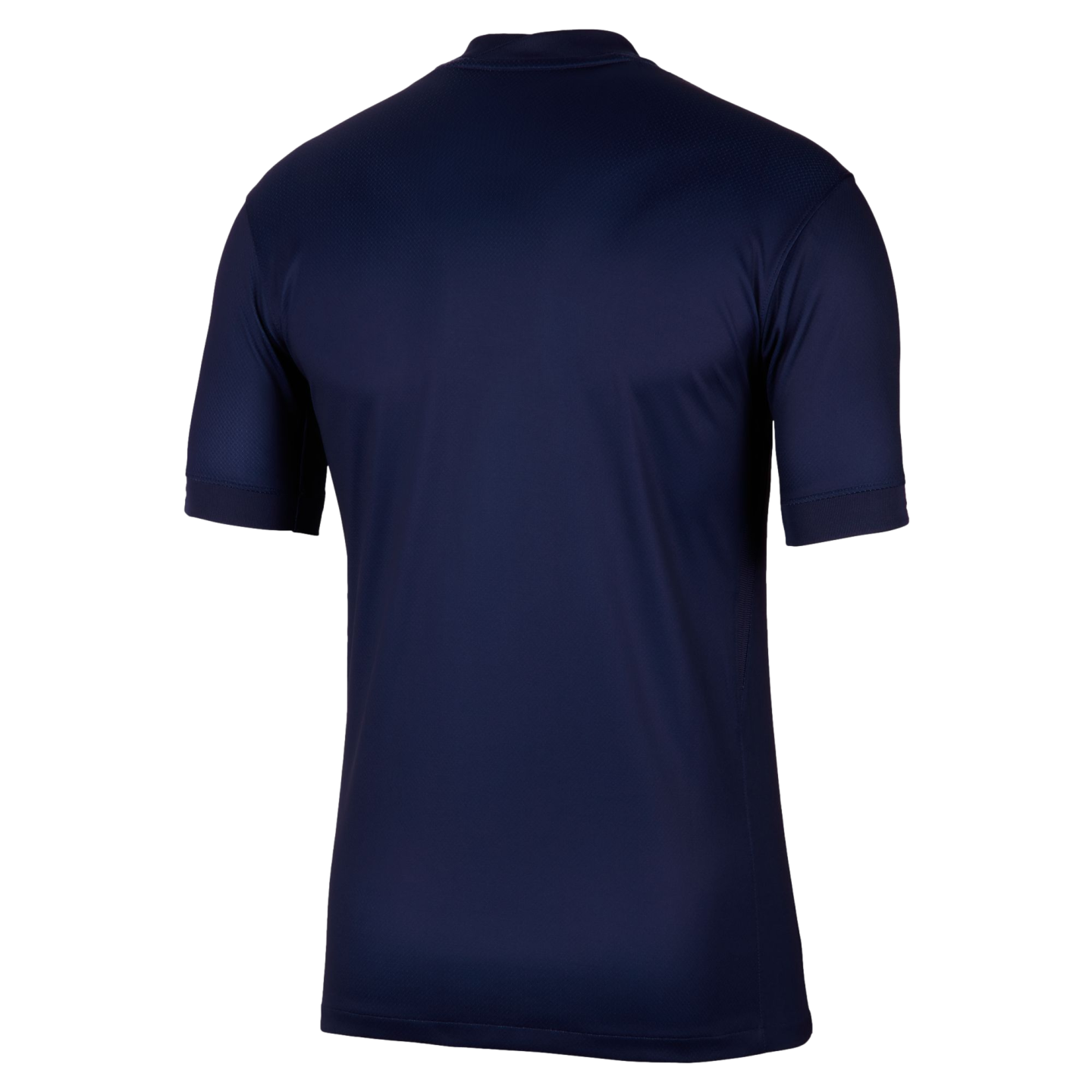 A plain navy blue short-sleeved athletic jersey shown from the back, set against a white background.