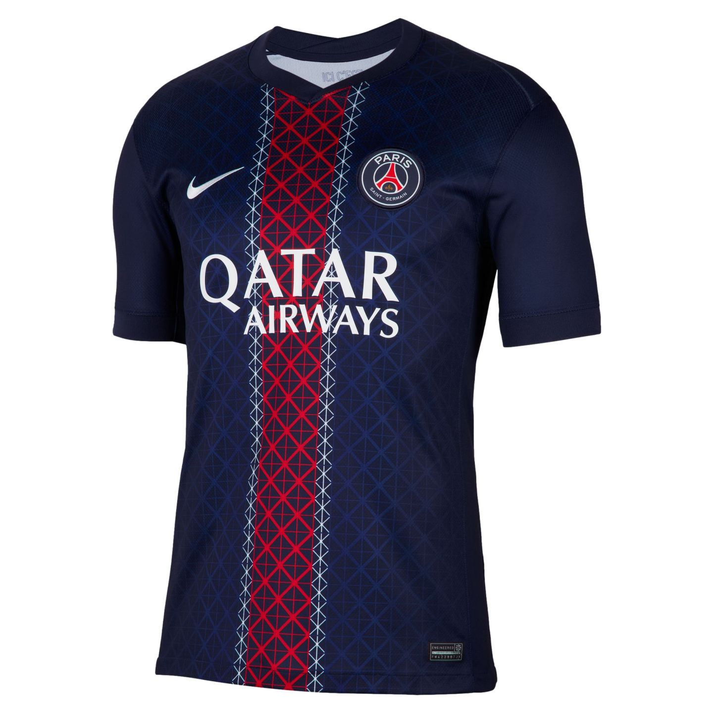 Navy blue Nike Paris Saint-Germain home jersey featuring a central red vertical stripe with a white lattice pattern and the Qatar Airways sponsor logo on the chest.