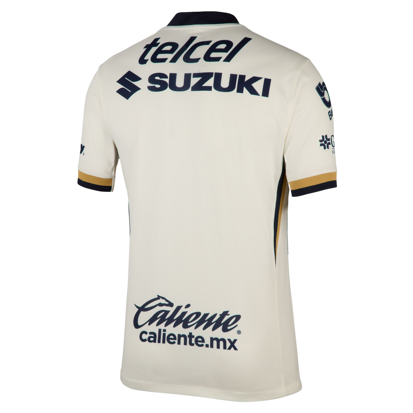 Rear view of a cream-colored soccer jersey with navy blue and gold accents, featuring sponsor logos for Telcel, Suzuki, and Caliente.mx.
