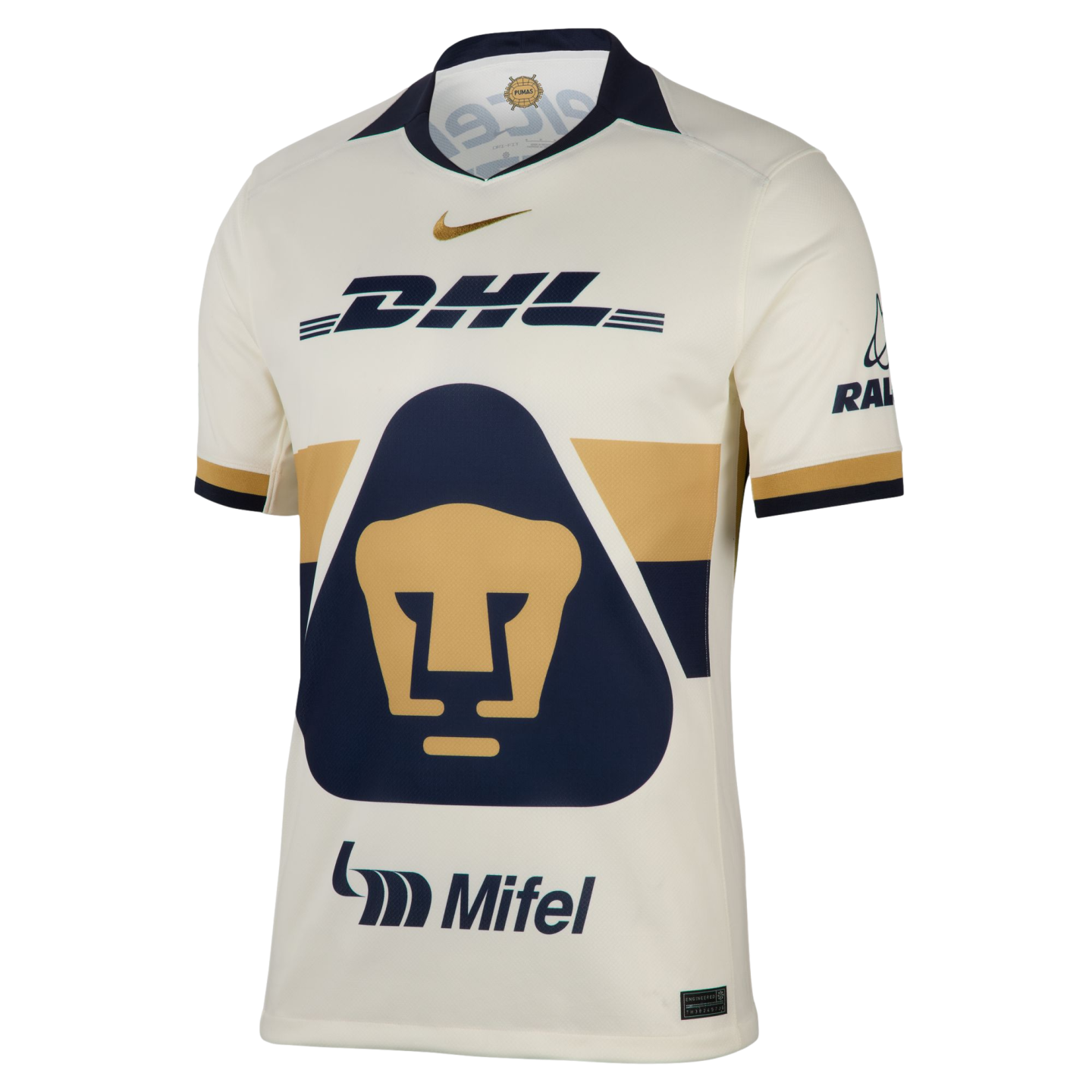 A cream-colored Pumas UNAM soccer jersey with a large navy and gold cougar head crest on the front, featuring Nike, DHL, and Mifel logos.