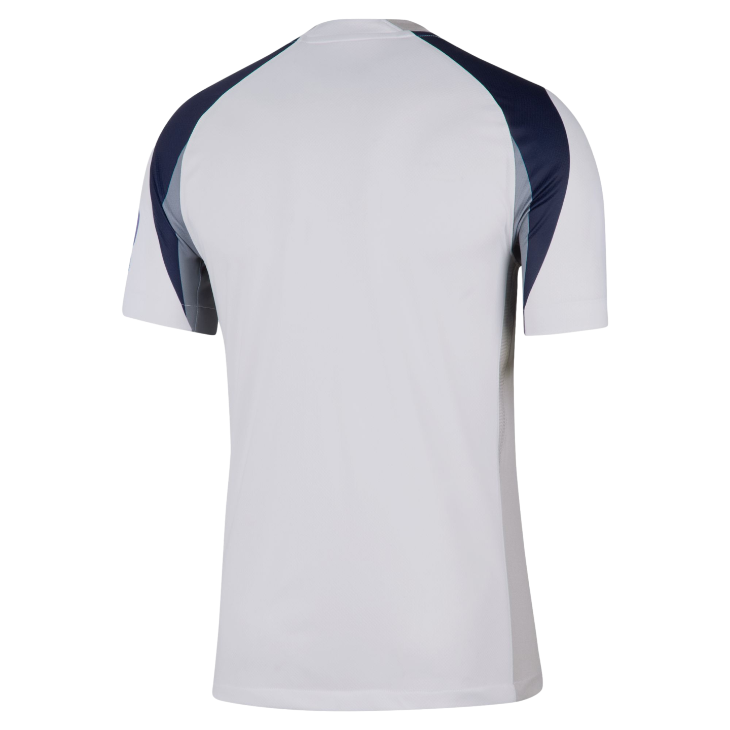 Back view of a white short-sleeved sports jersey featuring dark blue and grey paneling on the shoulders and upper sleeves.
