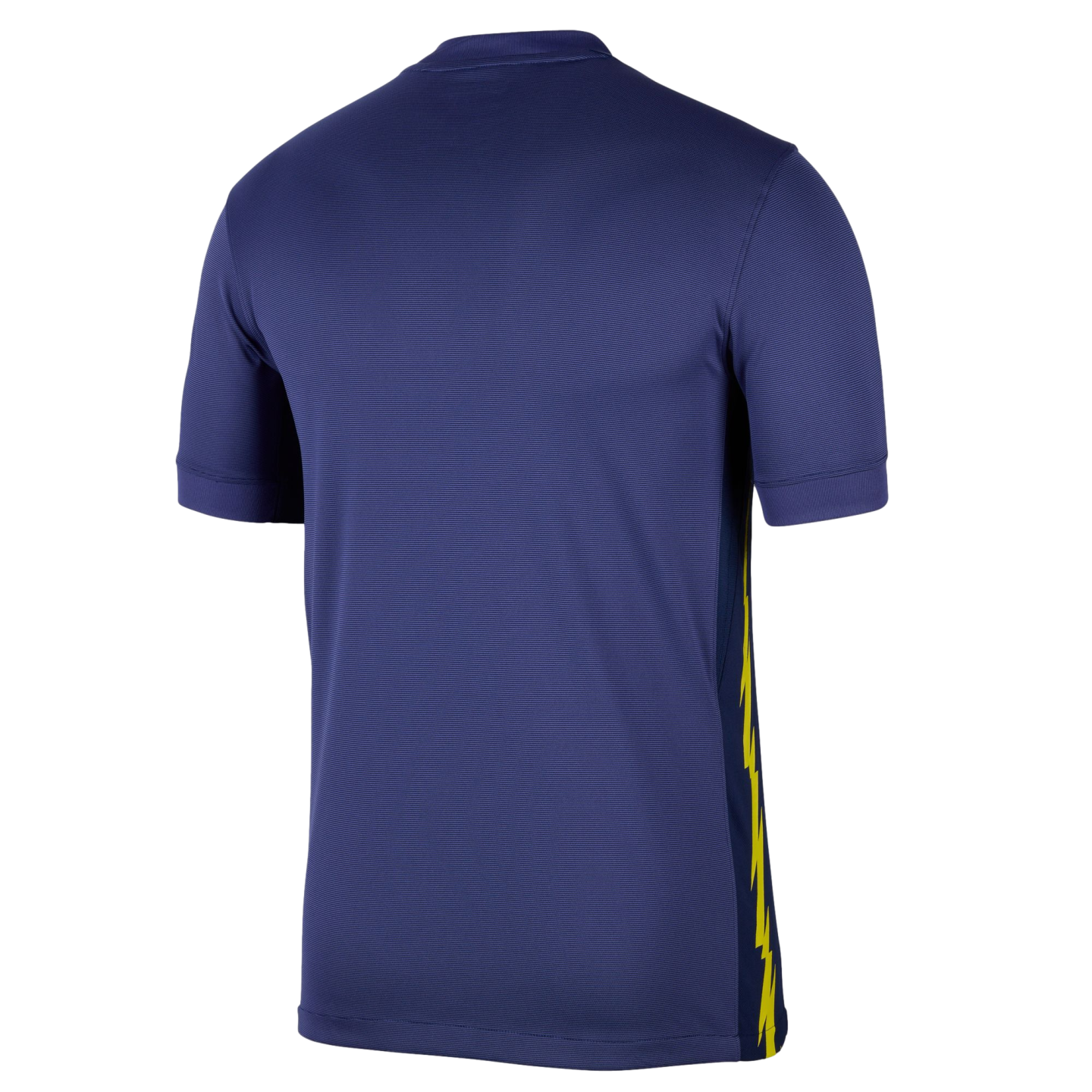 Back view of a dark blue short-sleeved jersey on a white background, featuring a yellow lightning bolt-style stripe down the right side and a textured fabric finish.